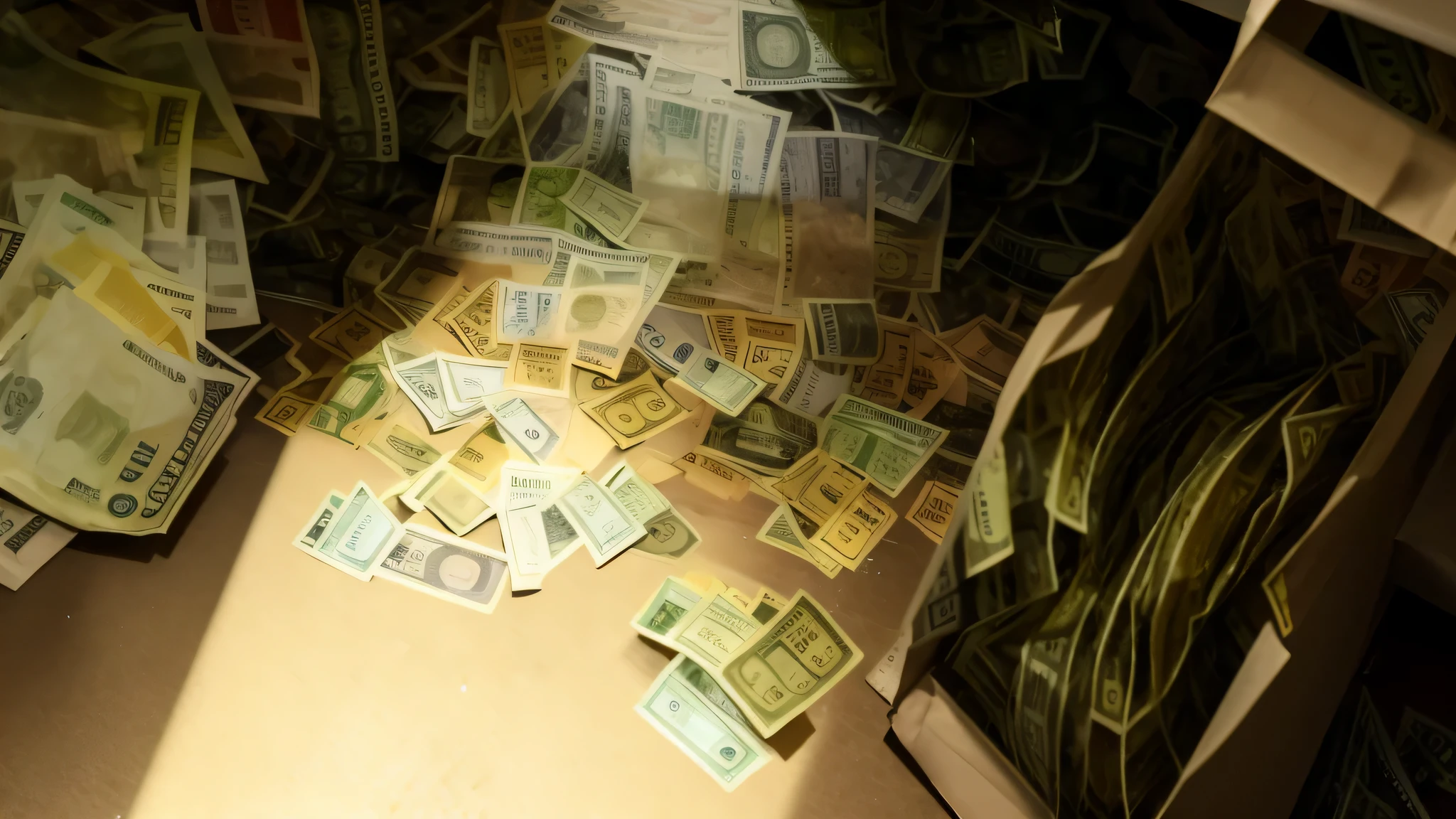 there is a pile of money sitting on the floor next to a pile of wires, piles of money, inside a gang hideout, dollar bills body horror, made of money, bags of money, per un pugno di dollari, cash on a sidetable, tank fires with dollar banknotes, cash, video still, 4 0 9 6, dollar bills