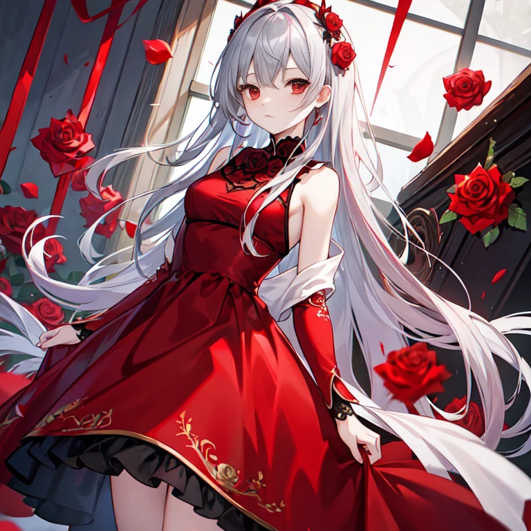 Stinking eyes、Red dress、dress with rose embroidery、gray hair、red eyes、long hair、looking at the viewer、high resolution、masterpiece、