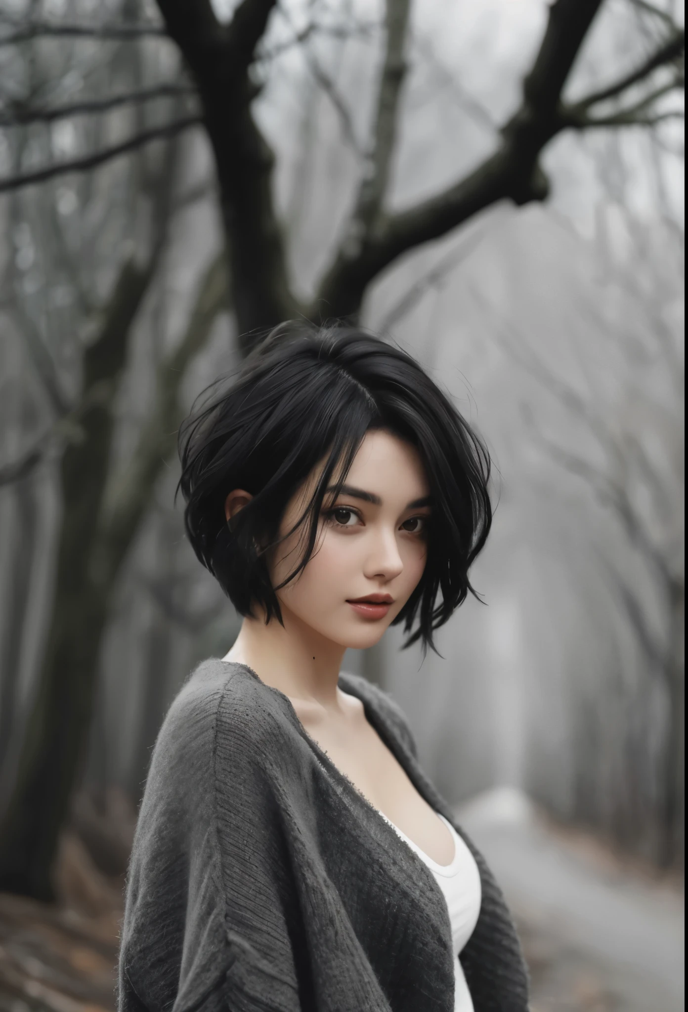 a woman with a dark hair and a gray sweater standing in a forest, short dark hair, with short hair, messy black bob hair, black hair in a rough shag, girl with black hair, short black hair, black short hair, short messy hair, woman with black hair, black messy hair, photo of a beautiful woman, short dark haircut, short hair, huge breasts