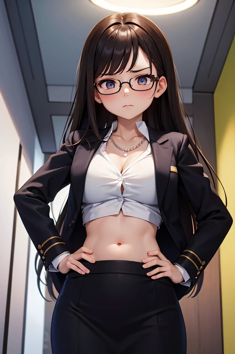super fine illustration, vibrant colors, masterpiece, sharp focus, best quality, depth of field, cinematic lighting, ultra detailed, business coat, business jacket, office lady, 1 woman, solo, midriff, tummy, belly button, navel, ceiling, close up, medium breasts, long hair, business skirt, pearl necklace, makeup, dark brown hair, annoyed, from below, glasses, hand on hips,