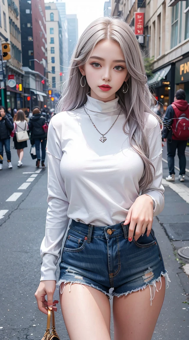 Beautiful girl college student,masterpiece,light makeup,red lips,silver hair,messy long hair,street background,beautiful,grace。super fine details,work,authentic texture,Realistic movie lighting,完美的work,8K,HD,exquisite features, skinny turtleneck tops,Skinny Shorts,slim body shape,big and bright eyes,,earrings,necklace,