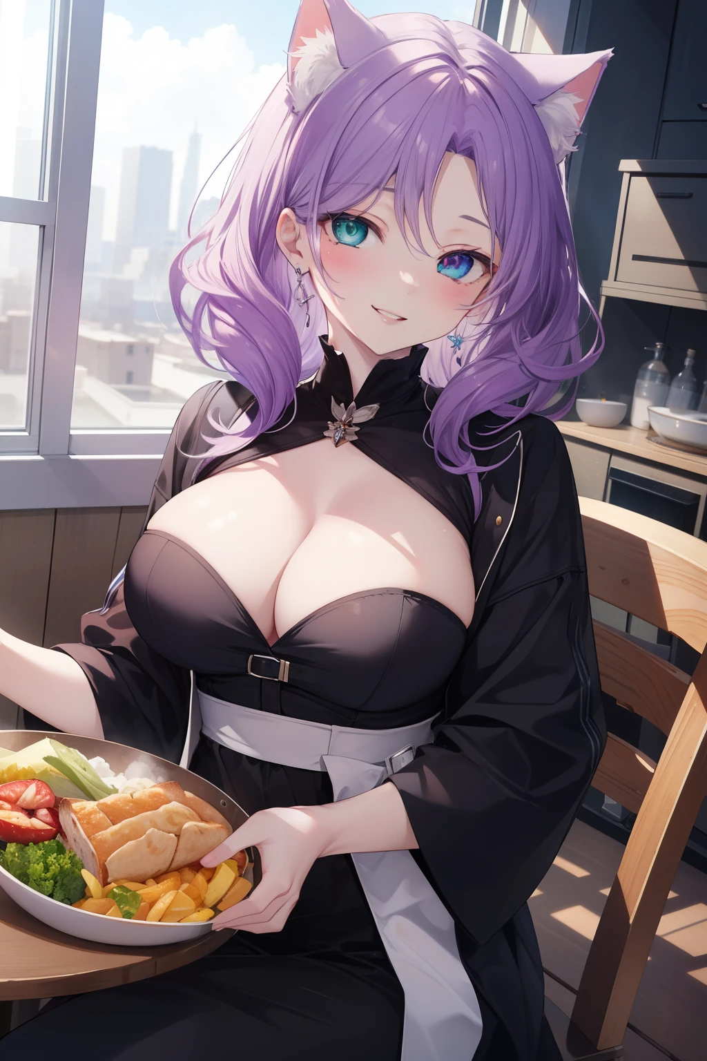 ((masterpiece)), ((best quality)), ((8K)), high resolution, 1girl, cat ears, pale skin, large breasts, heterochromia, aqua eyes, purple hair, curly hair, forehead, lunch, half closed eyes, teeth, smile, mechanic, fantasy,