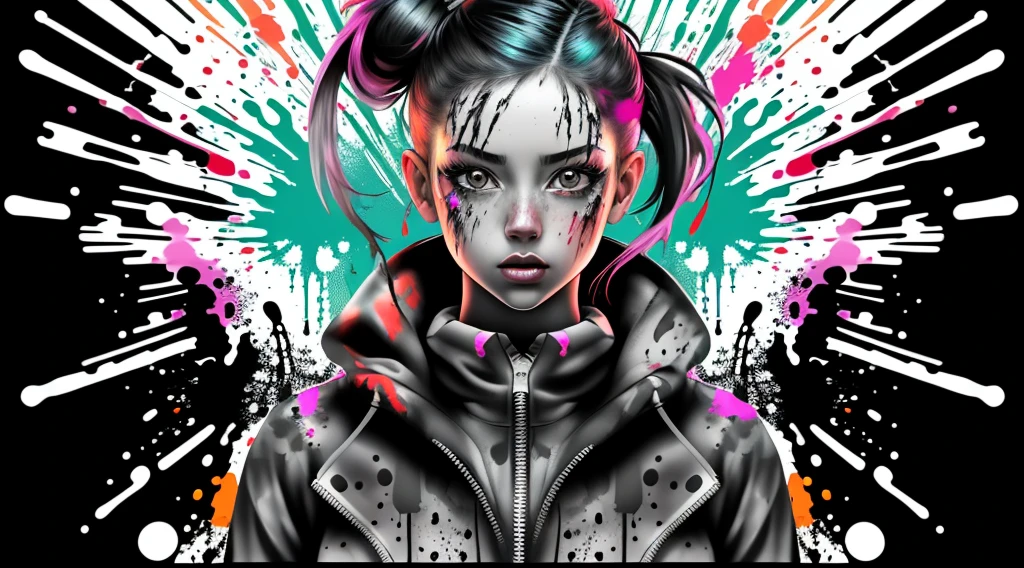 1girl, cyberpunk, nvinkpunk,paint splashes, splatter, outrun, vaporware, cell shaded,