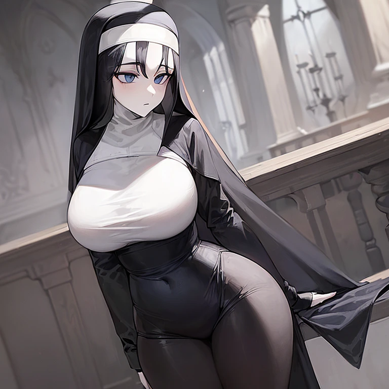 (((Alone))),(((Woman))),(((Big breasts))),(((Thin waist))),(((Large thighs))),(((Pale skin)) ),(((Gothic))),(((Black hair))),(((Blue eyes))),(((Wearing a nun's outfit)))