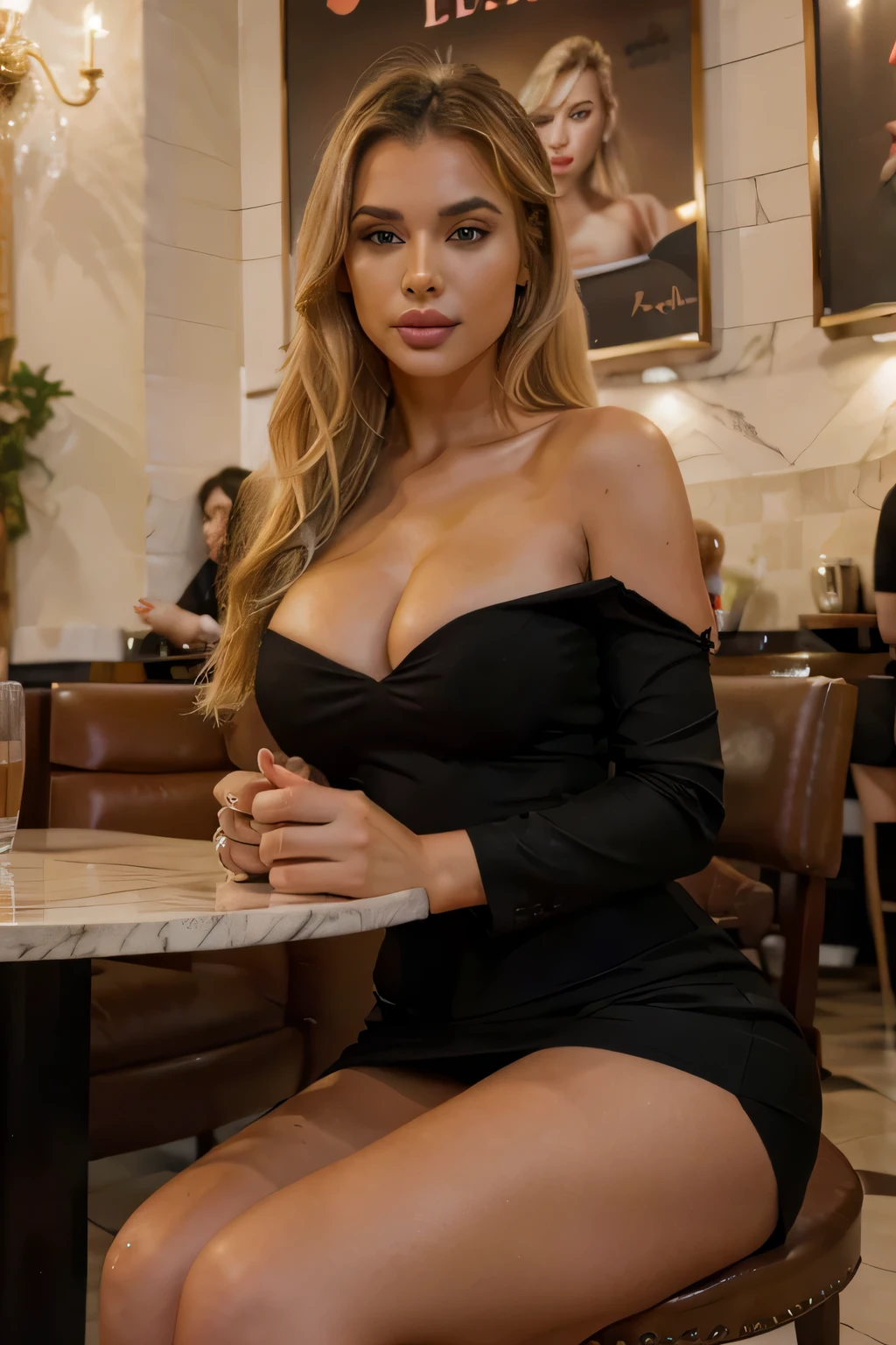 hires , very sharp,wide angle , a extremely beautiful albanian woman, blond hair,realistic detail, realistic, instbds, posing, detailed, sexy fashionista,black dress ,detailed skin, looking_at_front complexion , girl sitting in cafe, drinks coffee, hands in gloves