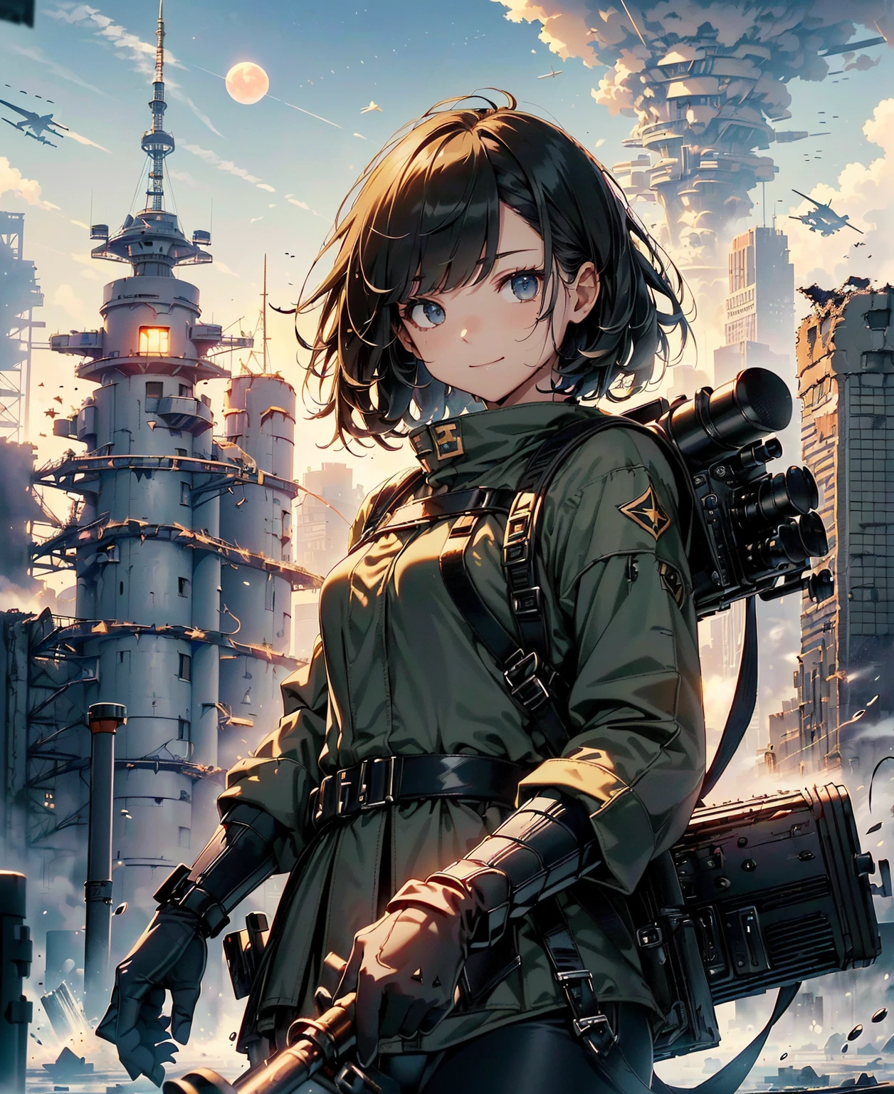 (masterpiece、highest quality、highest resolution、clear_image、detailed details、highest quality，final solution):(whole body、20 year old female fighter，Slender、small face、black super short bob hair、Shiny black and navy blue tight combat uniform、Gentle smile、(Backpack:1.1))、(Time Machine、Computer、skyscraper gun、weapons of the future、Real World、volumetric fog、gray fog、cigarette、 explosion、apocalyptic、destroyed city background、burning building:1.3、splash of water、starry ski、huge moon、Earth、destroyed giant robot、radio tower、airplane flying overhead、shooting star rocket truck、broken car、derailed train、tank、giant weapon、electronic equipment、Luminous mechanism)