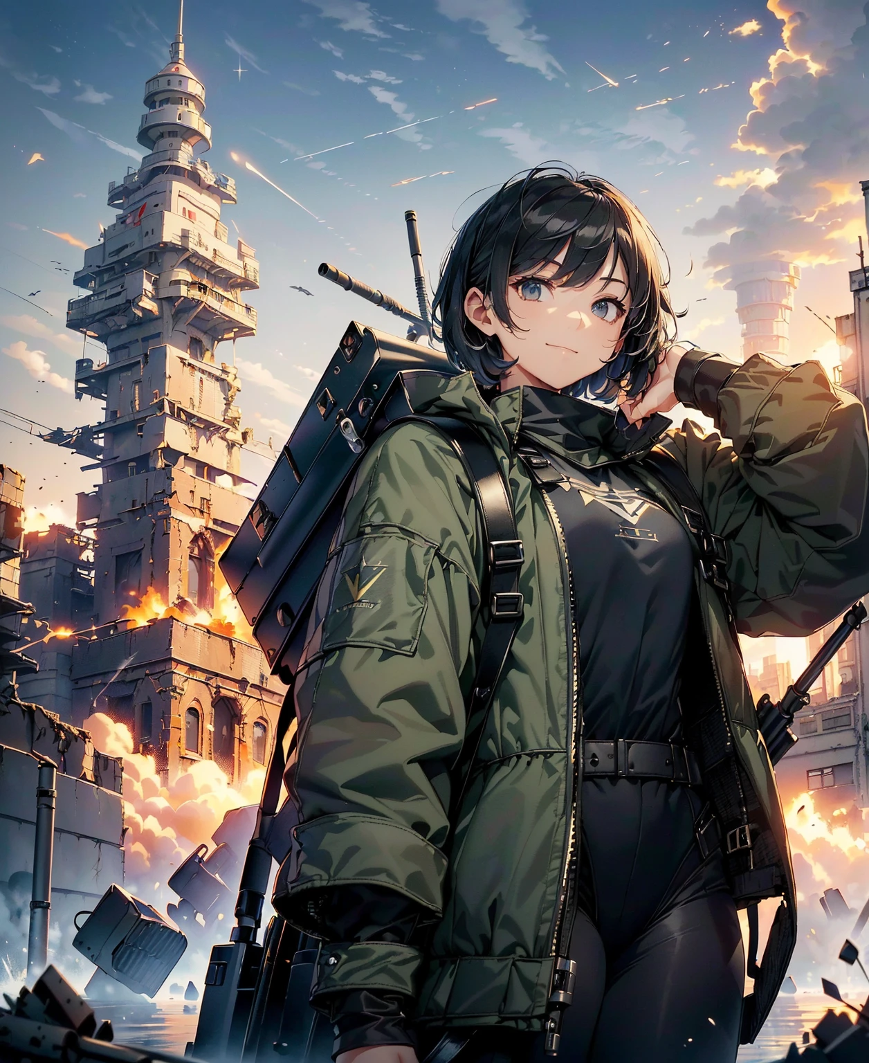 (masterpiece、highest quality、highest resolution、clear_image、detailed details、highest quality,final solution):(whole body、20 year old female fighter,Slender、small face、black super short bob hair、Shiny black and navy blue tight combat uniform、Gentle smile、(Backpack:1.1))、(Time Machine、Computer、skyscraper gun、weapons of the future、Real World、volumetric fog、gray fog、cigarette、 explosion、apocalyptic、destroyed city background、burning building:1.3、splash of water、starry ski、huge moon、Earth、destroyed giant robot、radio tower、airplane flying overhead、shooting star rocket truck、broken car、derailed train、tank、giant weapon、electronic equipment、Luminous mechanism)