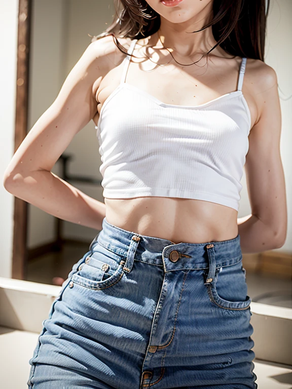 Open shirt, (((Leaning forward))), ((,Round face, Around 17 years old,mini skirt、loose tank top)), Long Hair, , Natural Makeup, Lips become thicker, Sexy Gaze, barefoot, ((Raise one leg)), Shooting from below,Gentle expression ,((Extremely precise and accurate anatomy)), (masterpiece:1.43), Perfect proportions, Realistic photos, Full Shot, whole body, (height: 165cm),