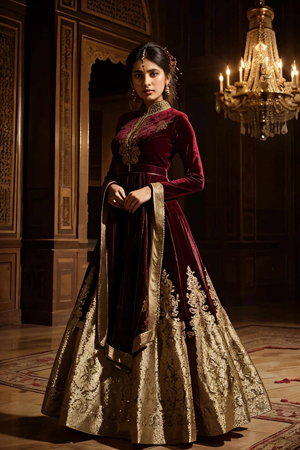 Create an Anarkali gown in rich velvet and brocade, embodying the grandeur of the Mughal era with a flowing silhouette, ornate embellishments, and regal hues.