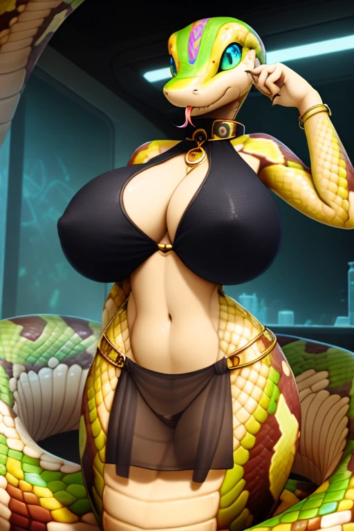 uploaded on e621, explicit content, 3d:0.4, (bastika, cutesexyrobutts, hioshiru, claweddriped), female, snake, female, thick thighs, thicc, big butt, (scalie) (Anthro), slender waist, (zahn), (Slit pupils), sluty, horny, very wide hips, bottomheavy, curvy, wet, huge ass, masterpiece, best quality,, high collar, underboob, large breasts, midriff, revealing clothes, lab setting, standing, cowboy shot, lamia, naga, snake, green scales, large eyes, anthro, ((solo)), beautiful scene of an (furrycobra snake), posing, forked tongue, naga, natural soft lighting, seductive, Golden jewerly, pelvic curtain, black loincloth, futuristic, narrow shoulders, scientific_laberatory interior, black clothes, gold loincloth, gold-lined bodystocking, gold collar, looking at viewer, ((large breasts)),
