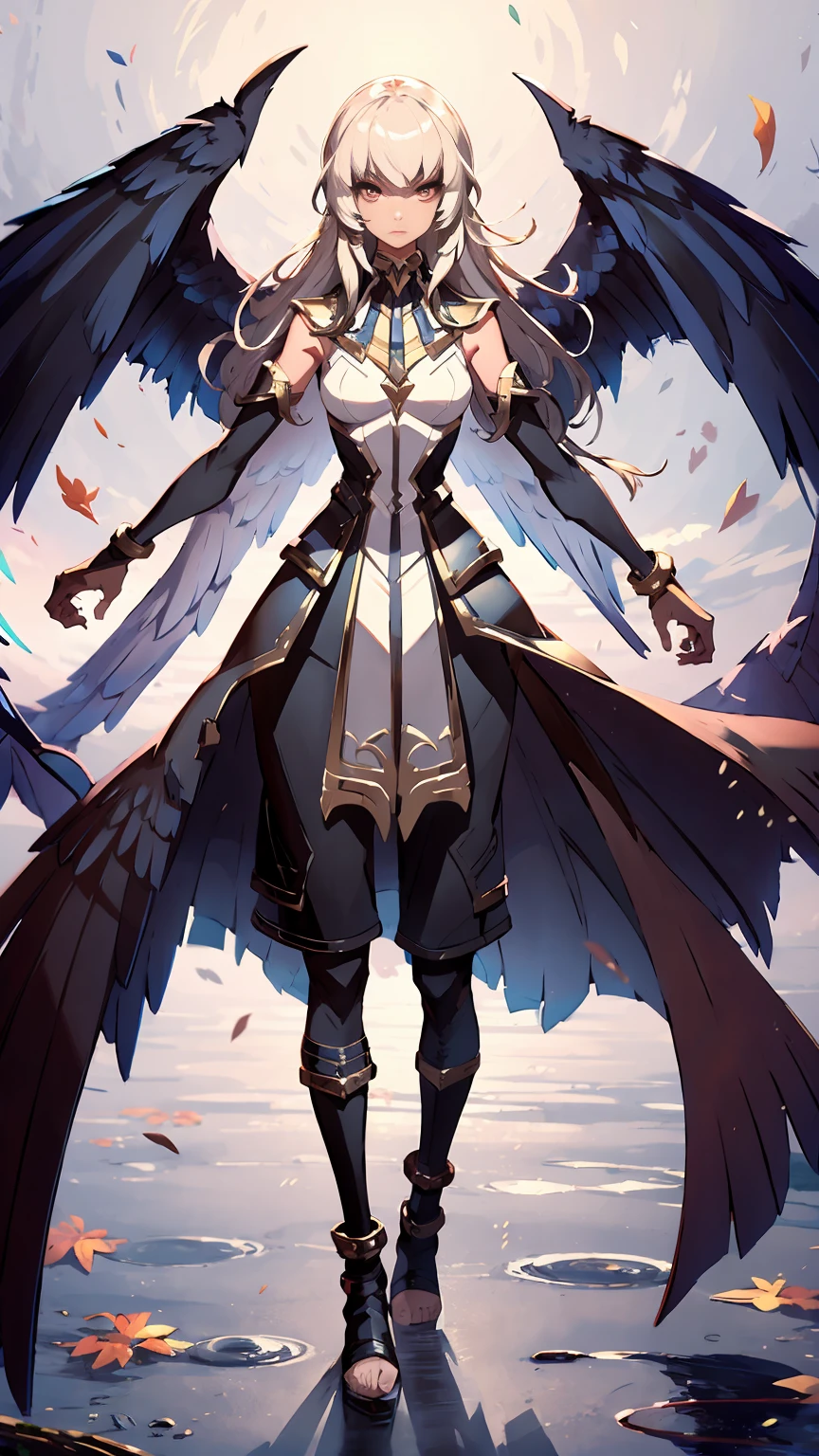 (Full body) A girl with angelic wings, dressed in a medieval fantasy outfit, standing in front of a pure white background. She has long flowing hair and a serene expression on her face. Her eyes are beautifully detailed, with long lashes that give her a dreamy look. Her lips are also beautifully detailed, with a soft pink color. The girl has a slender and elegant posture, with her arms slightly extended as if she's about to take flight. The white background creates a sense of purity and innocence, enhancing the angelic theme. The image is of the best quality, with ultra-detailed rendering to capture every intricate detail of the girl's features and clothing. The colors are vivid and the lighting is carefully controlled to highlight the girl's beauty. This masterpiece evokes a sense of wonder and transports viewers to a magical medieval fantasy world.