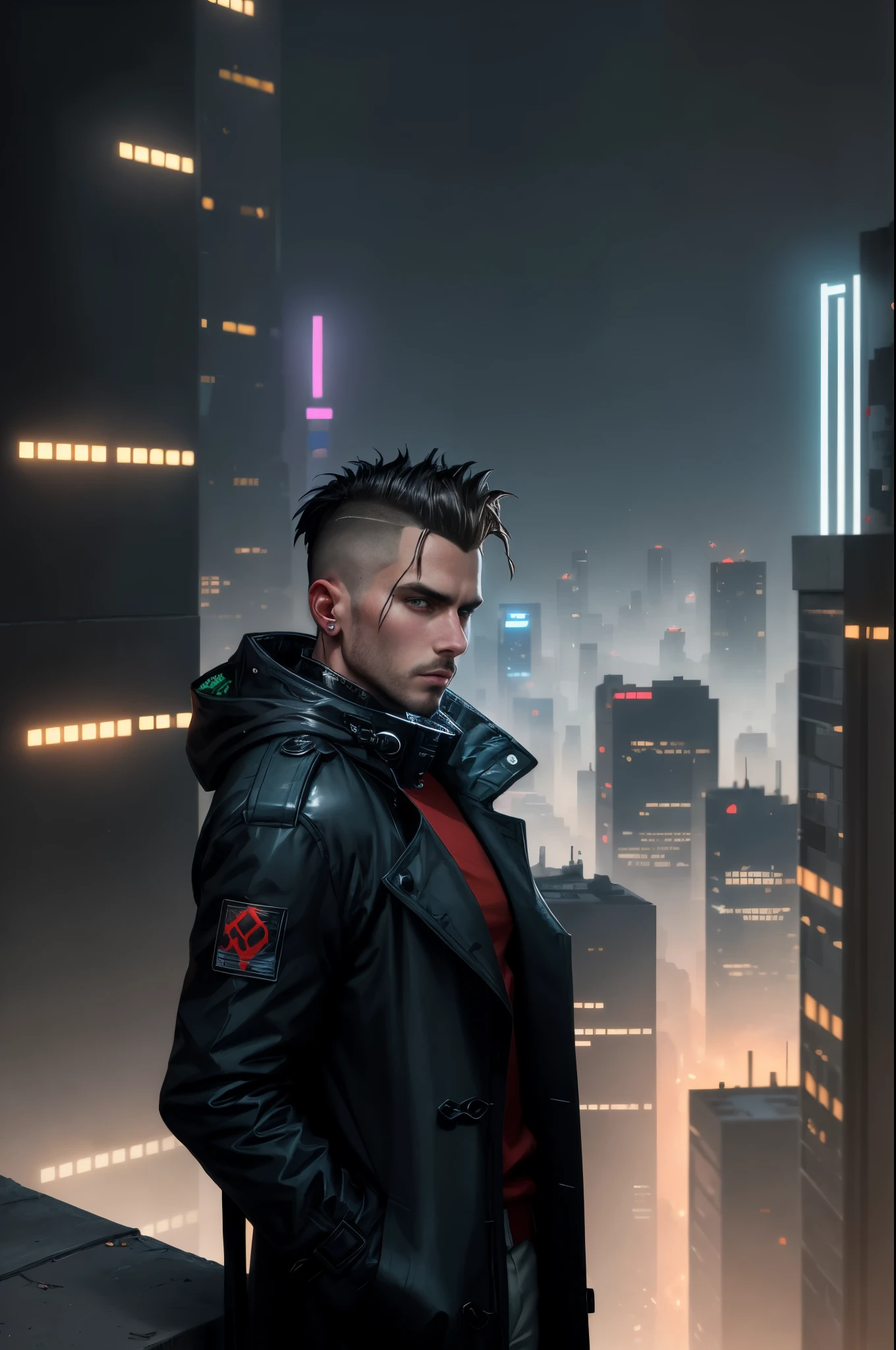 A man, 30 years old, hair shaved on the sides, combed back, wearing a dark trench coat with the collars turned up. He is leaning against the parapet of a building, observing from above the night of the cyberpunk city below in the background. Background futuristic cyberpunk make it realistic, Blade Runner, 8k, ultra hd