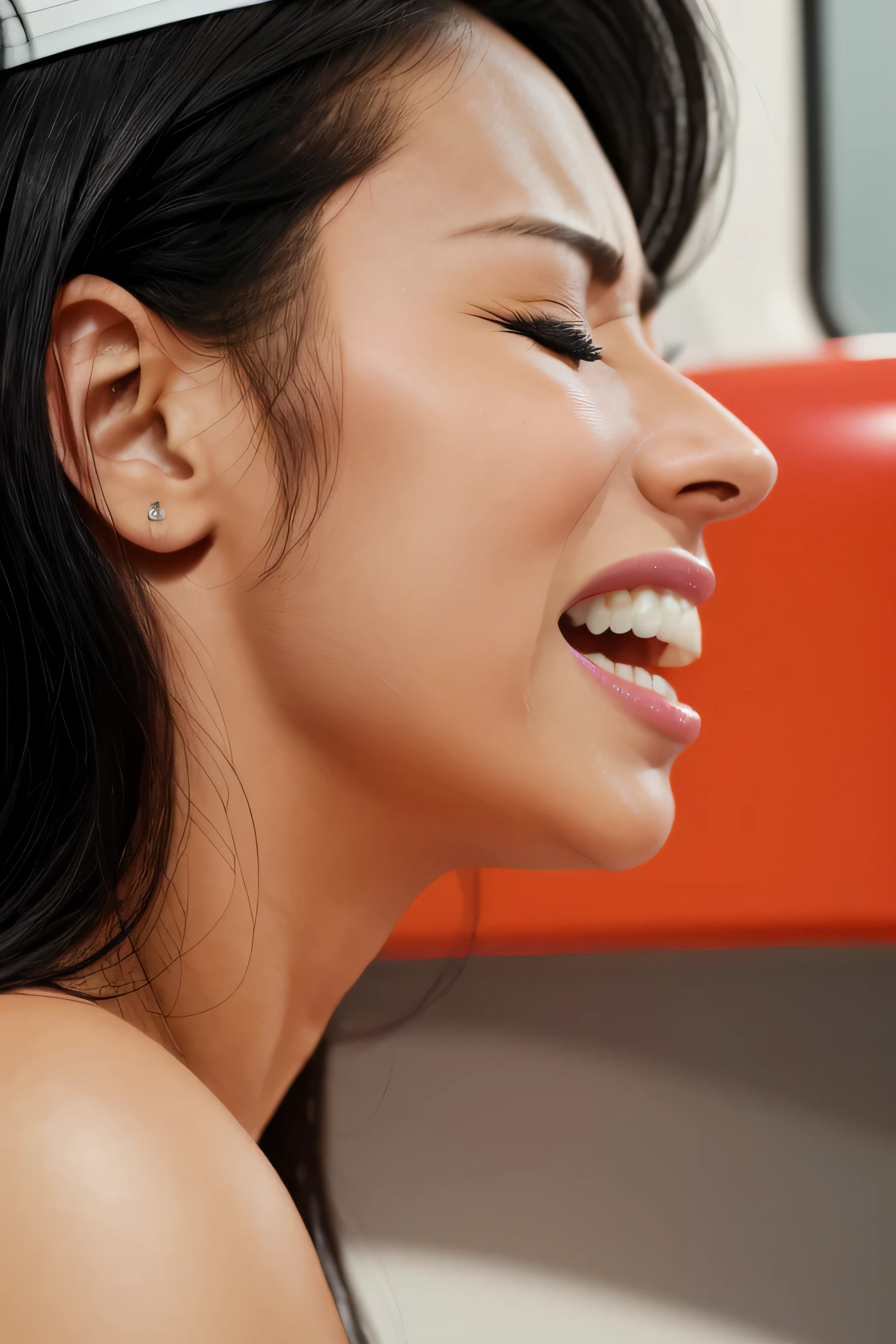 1 girl,pieces fly,,award winning photos, very detailed, edge orgasm,face focus, (woman with open mouth and closed eyes ), 30 years old、black hair、shiny skin、close up of face,from below、realistic nostrils、elongated nasal passages,,、train、(train車内)、congestion、Are standing、((suit))、big breasts、(sharp nose)grimacing Performance,#concept,teeth,Performance,facial Performances,grimacing