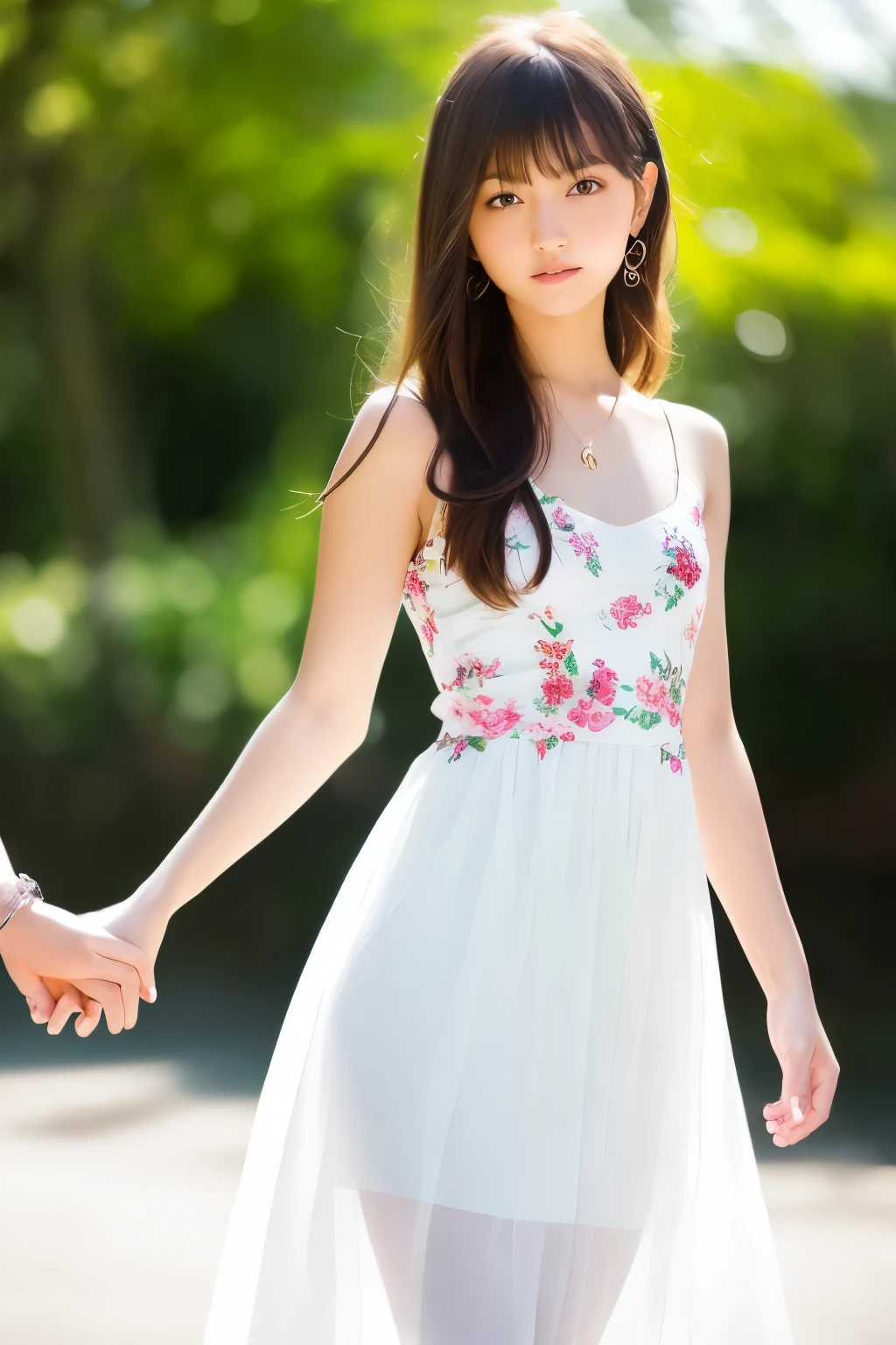 (8k, RAW photo, best quality, masterpiece:1.2), (realistic, photo-realistic:1.37), best quality, ultra high res, photon mapping, radiosity, physically-based rendering,bblurry, blurry_foreground, depth_of_field, blurry_background, photo_\(medium\), motion_blur,1girl, (full body),long legs,thin legs,medium hair, bangs,(see through bangs), lips, solo, black_eyes, nose,soft,holding hands,floral Dress, white dress, long dress, floral print, narrow waist, {{{looking at viewer}}}, shy, naughty face,