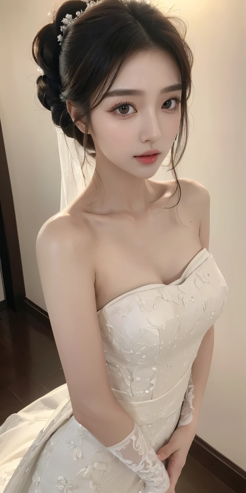 (best quality, 8K, masterpiece, ultra high definition: 1.3), (kpop idol: 1.3), 1 , (: 1.2), (long hair), Perfect body, Beautifully, beautiful eyes, double eyelids, Hands are super thin, ((Korean wedding dress)),开衫elegant , detailed , elegant , Luxury hotel 5 star,,