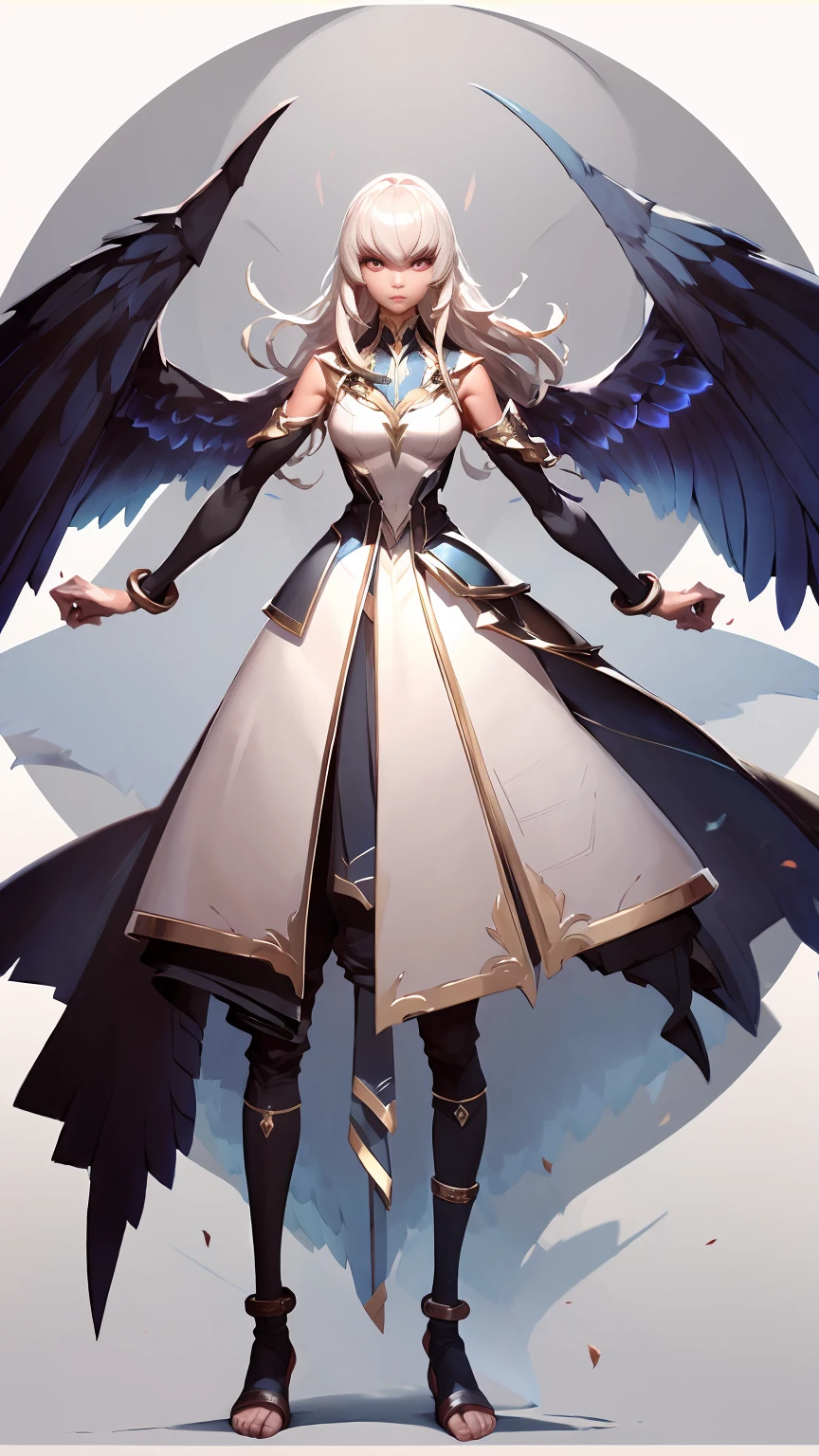 (Full body) A girl with angelic wings, dressed in a medieval fantasy outfit, standing in front of a pure white background. She has long flowing hair and a serene expression on her face. Her eyes are beautifully detailed, with long lashes that give her a dreamy look. Her lips are also beautifully detailed, with a soft pink color. The girl has a slender and elegant posture, with her arms slightly extended as if she's about to take flight. The white background creates a sense of purity and innocence, enhancing the angelic theme. The image is of the best quality, with ultra-detailed rendering to capture every intricate detail of the girl's features and clothing. The colors are vivid and the lighting is carefully controlled to highlight the girl's beauty. This masterpiece evokes a sense of wonder and transports viewers to a magical medieval fantasy world.