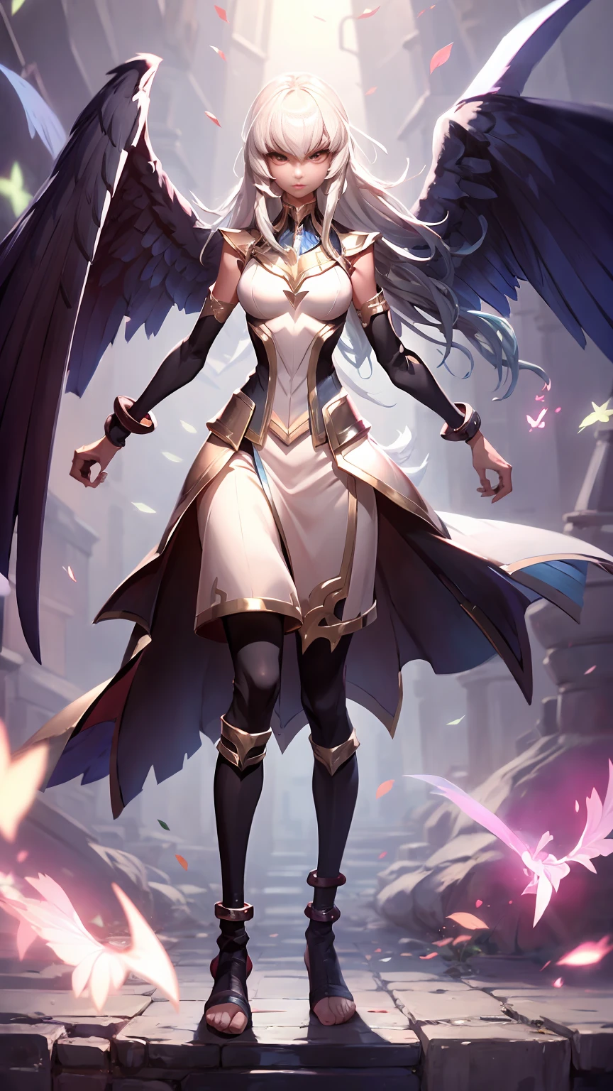 (Full body) A girl with angelic wings, dressed in a medieval fantasy outfit, standing in front of a pure white background. She has long flowing hair and a serene expression on her face. Her eyes are beautifully detailed, with long lashes that give her a dreamy look. Her lips are also beautifully detailed, with a soft pink color. The girl has a slender and elegant posture, with her arms slightly extended as if she's about to take flight. The white background creates a sense of purity and innocence, enhancing the angelic theme. The image is of the best quality, with ultra-detailed rendering to capture every intricate detail of the girl's features and clothing. The colors are vivid and the lighting is carefully controlled to highlight the girl's beauty. This masterpiece evokes a sense of wonder and transports viewers to a magical medieval fantasy world.