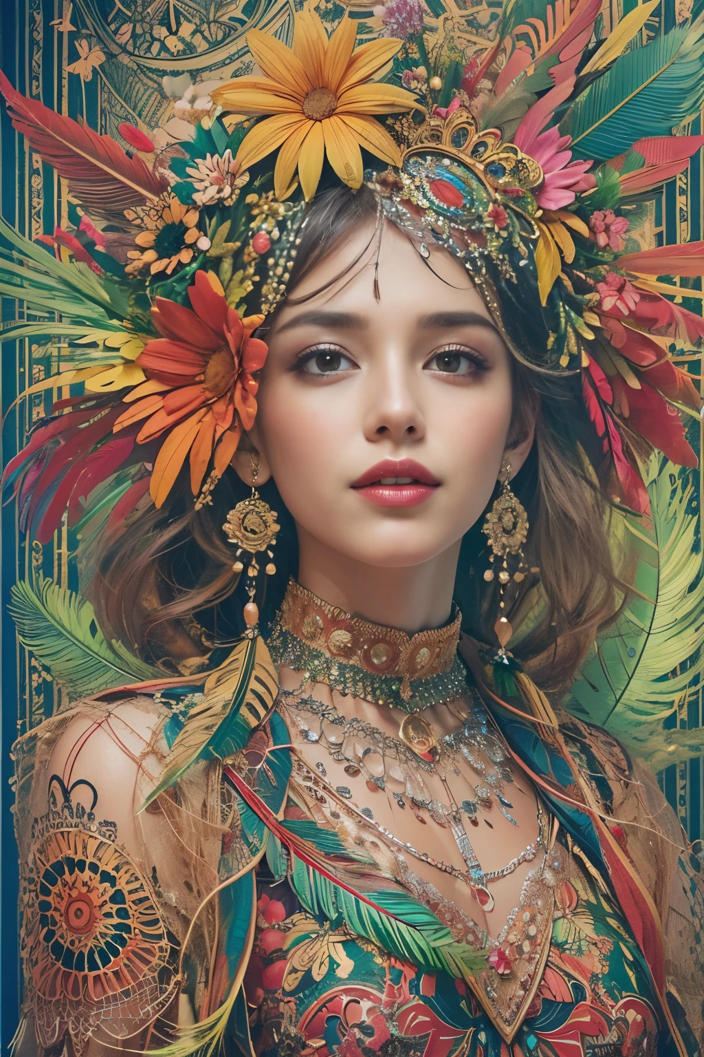 (masterpiece, top quality, best quality, official art, beautiful and aesthetic:1.2), (1girl:1.3), smiling, extremely detailed,(fractal art:1.1),(colorful:1.1)(flowers:1.3),highest detailed,(zentangle:1.2), full body, (abstract background:1.3), (shiny skin), (many colors:1.4), ,(earrings), (feathers:1.5),