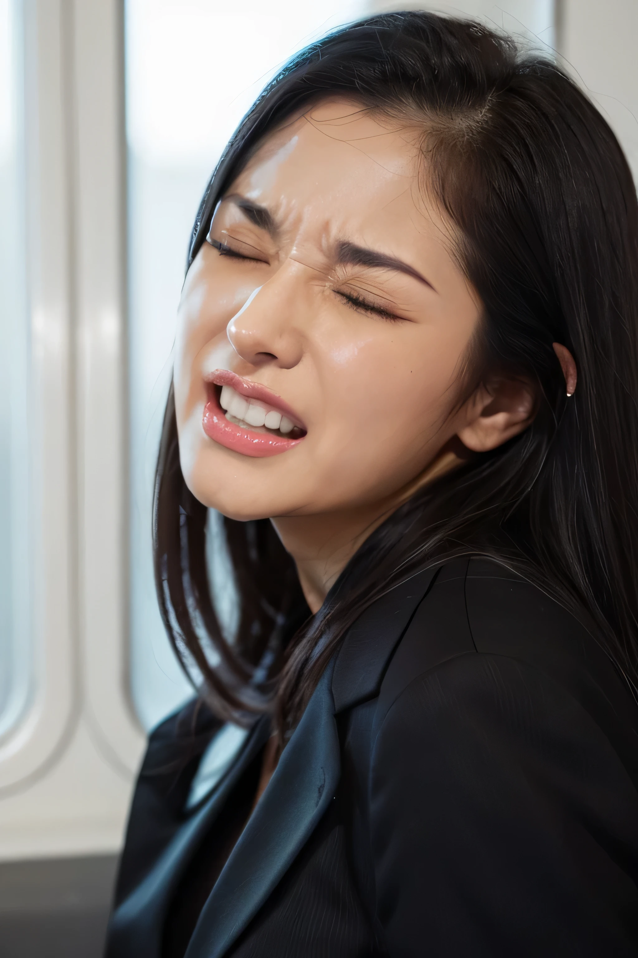 1 girl,pieces fly,,award winning photos, very detailed, edge orgasm,face focus, (woman with open mouth and closed eyes ), 30 years old、black hair、shiny skin、close up of face,from below、realistic nostrils、elongated nasal passages,,、train、(train車内)、congestion、Are standing、((suit))、big breasts、(sharp nose)grimacing Performance,#concept,teeth,Performance,facial Performances,grimacing