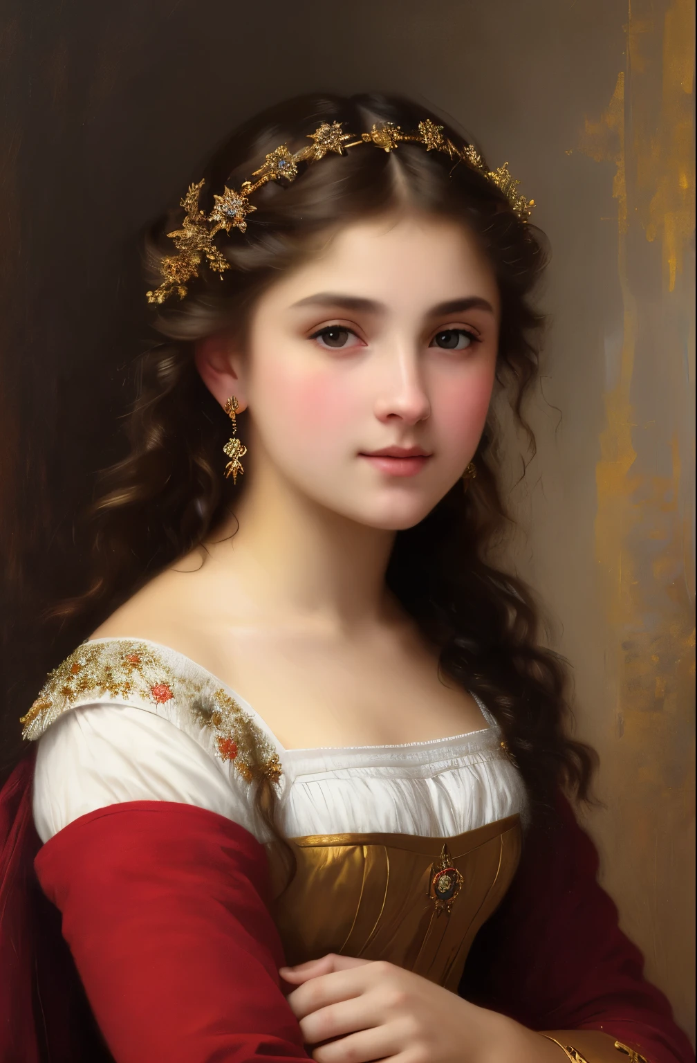 portrait, girl, middle ages, classicism, andrey atroshenko style, painting, pierced eyes, beautifully styled hair, traditional media, realistic, figurative, fine art, oil on canvas, HDR, 8K, original character, high resolution, high detail, focus on the face, beautiful eyes , perfect fingers, intricate details, William-Adolphe Bouguereau style,