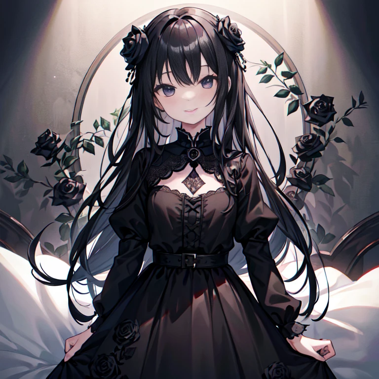 smile、Black dress、Dress with rose embroidery, black hair、black eye、long hair、looking at the viewer、high resolution、masterpiece、1 person、human、black rose garden