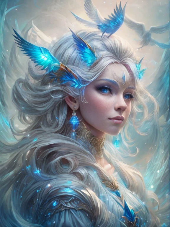 Generate a pretty and realistic fantasy artwork with bold jewel-toned hues, pretty glitter and shimmer, and lots of snowflakes. Generate a luminous and petite woman with curly hair, metallic hair, and realistically textured hair. Her skin is pure white and seems to glow in the light. The woman's face is important: include soft, puffy lips, elegant features, and the most beautiful detailed eyes in the world. The woman is in a winter landscape with soft falling snow and snowflakes, soft white fur, subtle iridescent details, subtle phantasmal iridescent details, and intricate and delicate jewelry that glimmers in the light. Include many small fantasy details like gossamer silk, feathers, delicate and stunning embroidery, and luminous lighting that glimmers. The woman's face is unobscured by details and her eyes are sharp and in high resolution. Incorporate dreamy colors, dynamic lighting, and detailed background elements to create a sense of awe and immersion. Include colorful flying magical birds and jewel-toned butterflies radiating a magical aura. Consider the latest trends in fantasy art, such as incorporating unique lighting effects, exploring dynamic and compelling composition techniques, and experimenting with unique color palettes. Take inspiration from the top artists on ArtStation and Midjourney. Camera: Choose an angle that highlights the character's beauty and enhances the magical majesty of the artwork. Lighting: Utilize atmospheric lighting techniques to create depth and mood. Resolution: Aim for a high-resolution artwork to showcase intricate details and clarity. Art Inspirations: Seek inspiration from the trending artists on ArtStation, exploring different styles, genres, and themes. white skin, pale skin, really pale skin, really white skin, beautiful eyes, fantasy details, shimmer, glimmer, magical birds, magical butterflies, ornate, (((masterpiece))), add_detail:1, earth \(planet\),