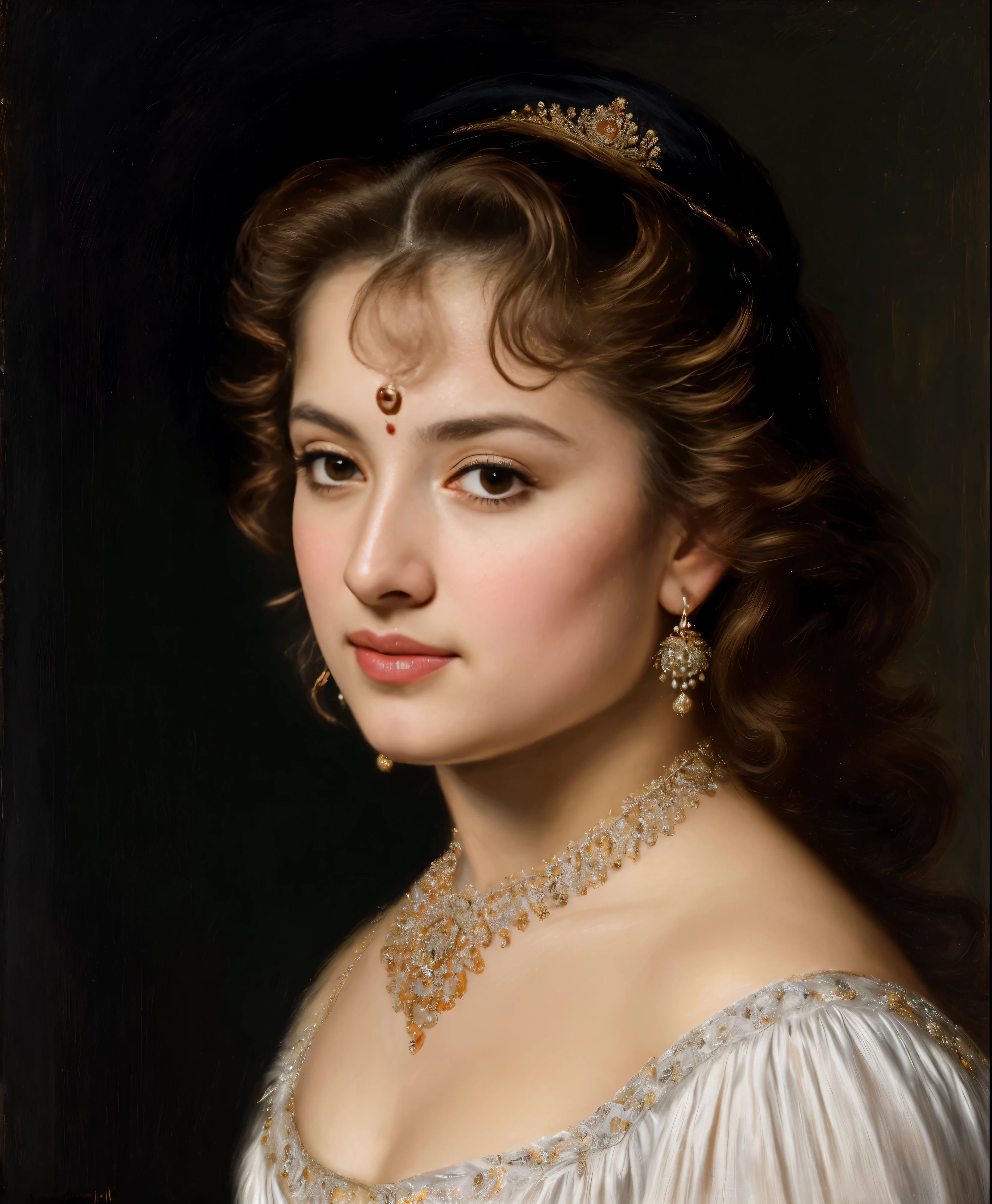 Best quality, highly detailed, masterpiece, Indian princess, Rajkanya, royal clothes, Masterpiece, extremely gorgeous woman, matchless Beauty, portrait, Peter Paul Rubens style, Woman, off shoulder bandeau crop blouse, middle ages, classicism, andrey atroshenko style, painting, long hair, styled hair, traditional media, realistic, figurative, fine art, detailed Art, oil on canvas, HDR, 8K, original character, high resolution, high detail, focus on the face, intricate, flawless, fluffy hair, Peter Paul Rubens style, By Peter Paul Rubens, sharp picture, avoid crown or mukut in picture,