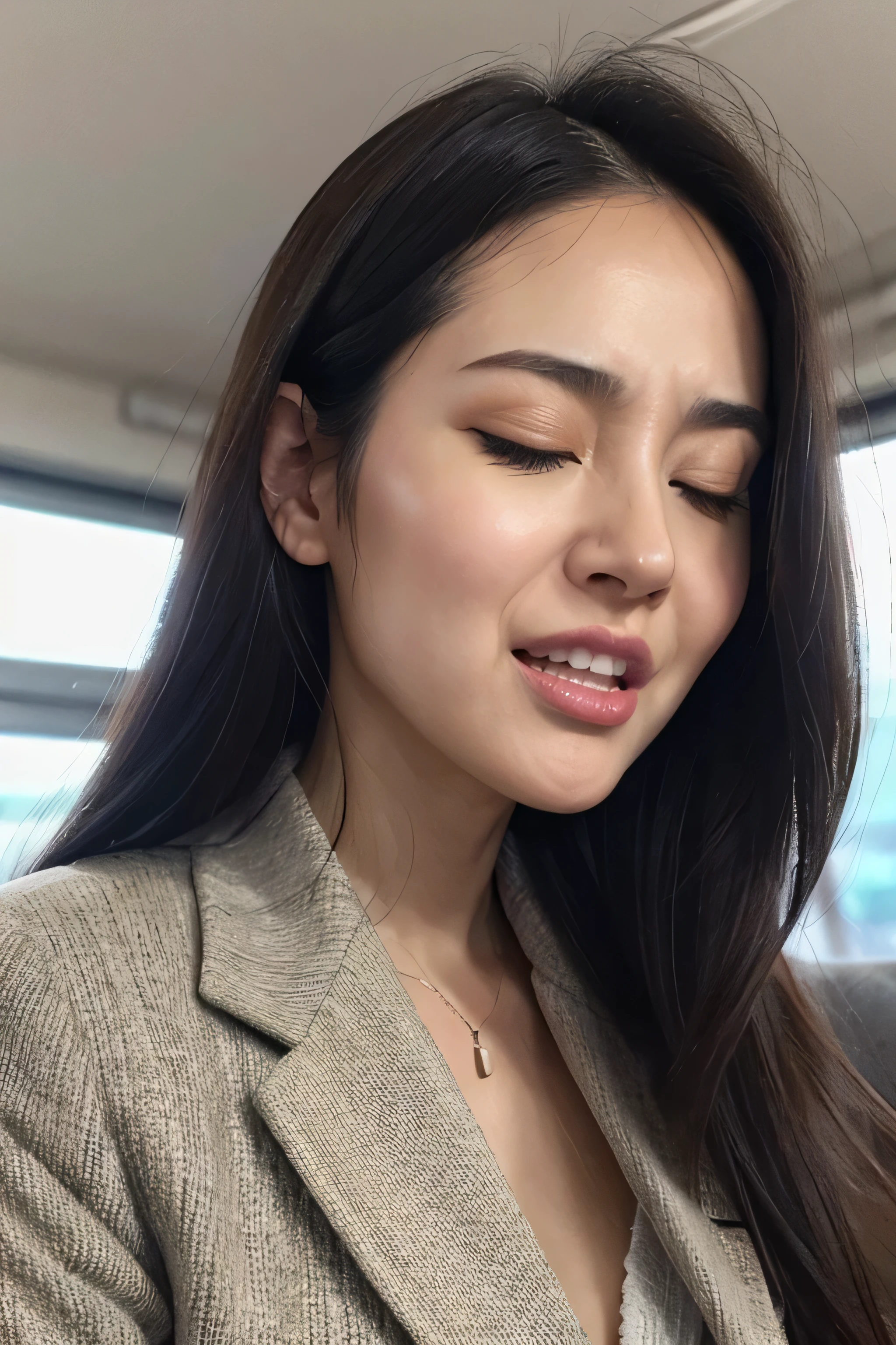 1 girl,pieces fly,,award winning photos, very detailed, edge orgasm,face focus, (woman with open mouth and closed eyes ), 30 years old、black hair、shiny skin、close up of face,from below、realistic nostrils、elongated nasal passages,,、train、(train車内)、congestion、Are standing、((suit))、big breasts、(sharp nose)grimacing Performance,#concept,teeth,Performance,facial Performances,grimacing