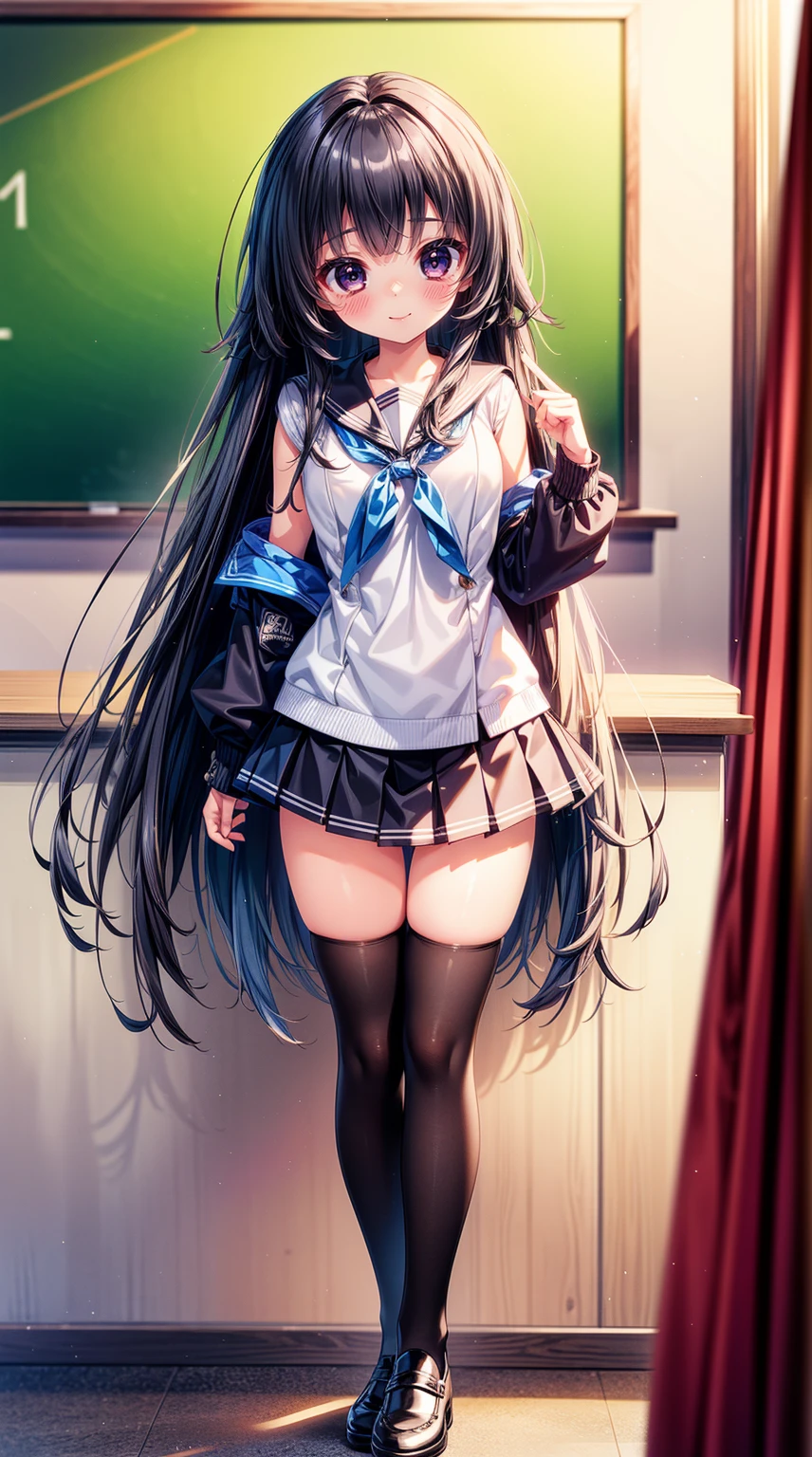 1girl, Cute, black-haired, 18 years old, Smile, Looks pure, Sailor Suit, Photography, Realistic, Best Quality, Detailed face, Full body, slender, Slender legs, Long legs, Wearing thigh-high socks, shoes on, School, Classroom
 (masterpiece), best quality, ultra-detailed, 1024k UHD wallpaper, ultra-high resolution, depth of field, HDR, Ray tracing, RTX, high saturation, high contrast, photon mapping, best texture quality, best compotitiontremely detailed CG 1024k wallpaper), Ultra HD, Perfect Face, Perfect Anatomy, Perfect hand, Perfect Finger, (Full body),