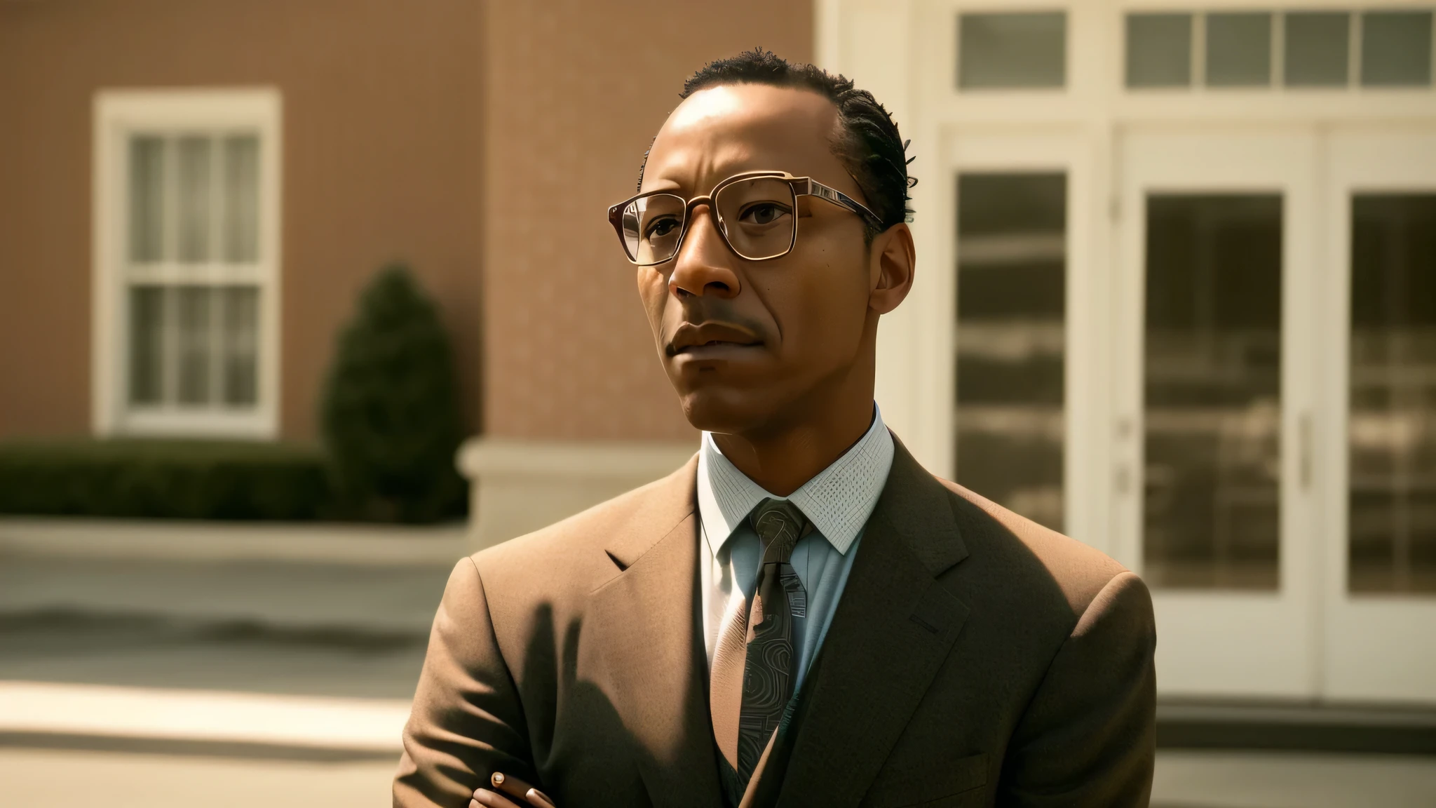 there is a man in a suit and tie standing outside, gustavo fring, obunga, high quality film still, wearing a worn out brown suit, hq, full color still, lance reddick, gus fring, gilleard james, wearing a suit and glasses, cinematic full shot, looking smart, cinematic still, still image from tv series
