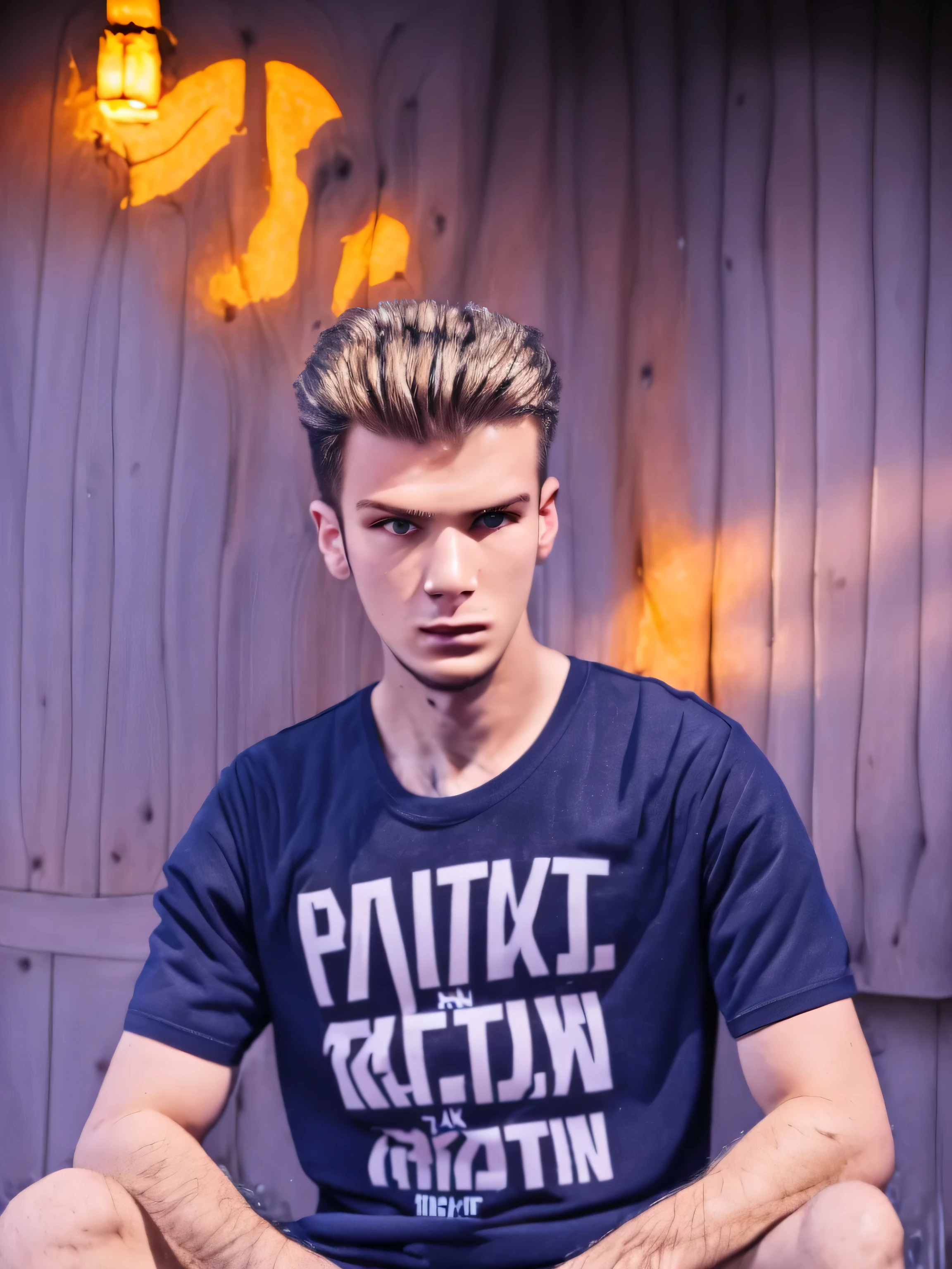 Photo model young man Anthony 21 Years of Age with black t-shirt, sitting, fashion, soft lighting, vibrant colours, masterpiece, ((streets)), night, detailed face