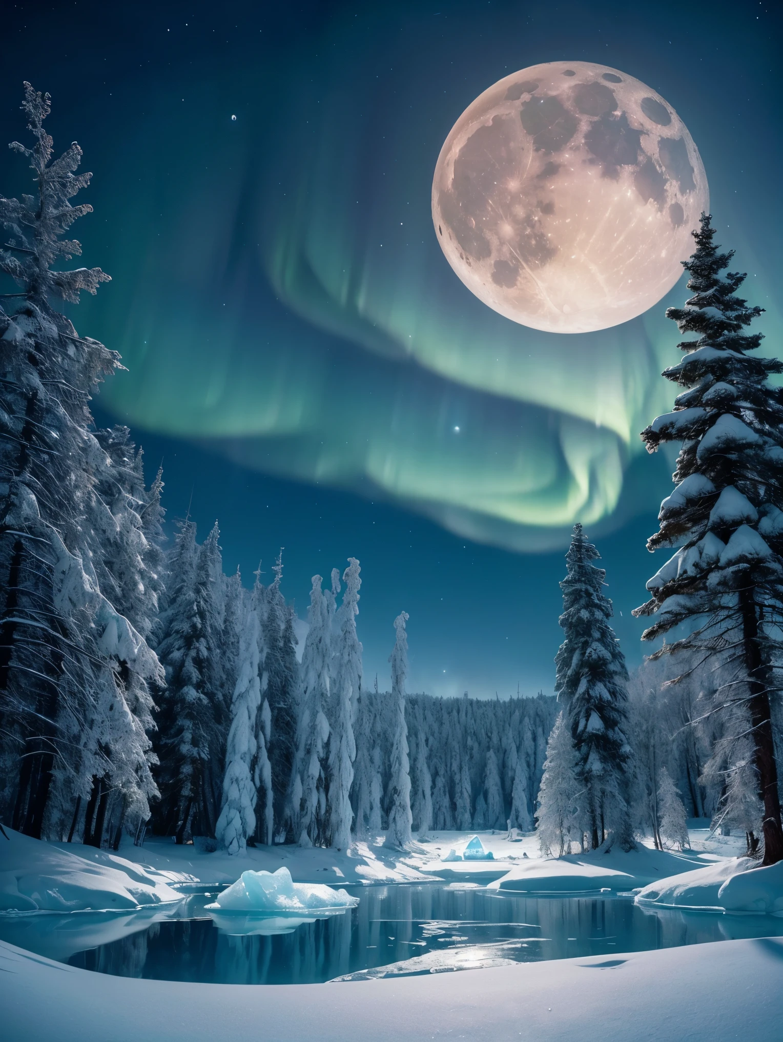 An exquisite arctic landscape painted in various shades of ethereal blue, showcasing the untouched beauty of icy glaciers, and an expansive frozen forest stretching as far as the eye can see. A landscape with feminine curves. Mounds reminiscent of the 
the shape of generous breasts.  (in this magnificent landscape is hiding a scientists low profile ultra secret base:1.5). BREAK  The serene atmosphere is intensified by the soft glow of the moon reflecting off the crystalline ice, creating a captivating tableau of pure tranquility and awe-inspiring natural wonders. Northern lights. National geographic style. Masterpiece. UHD.
