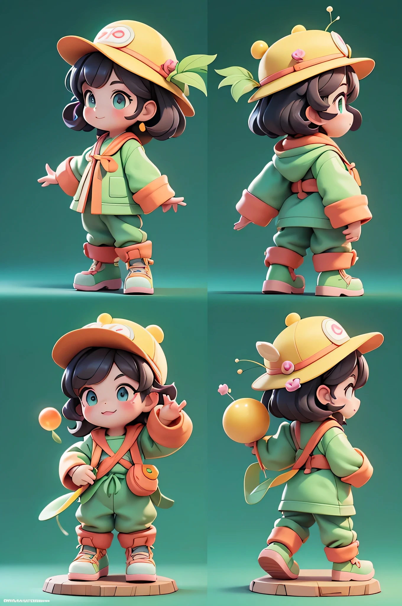 A wearing a hat, hold the friuts,green,Bubble Mart style, clean and simple design, IP image, advanced natural color matching, bright and harmonious, lovely and colorful, detailed character design, Behance, Shanghai style, organic sculpture, C4D style, 3D animation style character design, cartoon realism, funny character design, ray tracing, children's book illustration style,three views of a cartoon image, enerate three views, namely the front view, the side view and the back view, maintaining consistency and unity