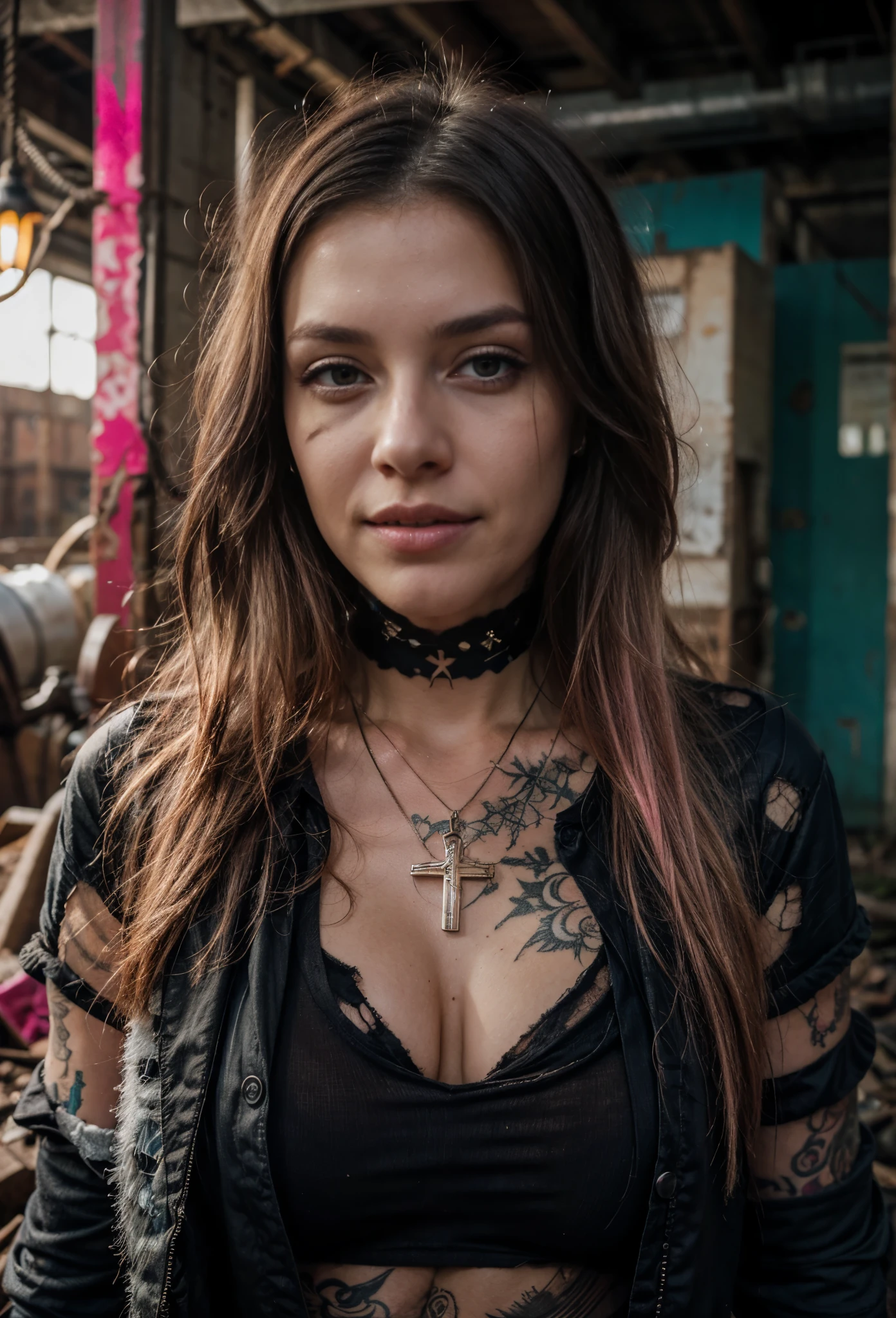 8k,Delicate facial features,ultra-clear,Pink Long Hair,Abandoned factory buildings,tattered torn shirt,blackstockings,Heavy makeup,Smoky makeup,eye shadows,self-shot,looking toward the viewer,ssmile,Tattooed with,cross necklace,the night,