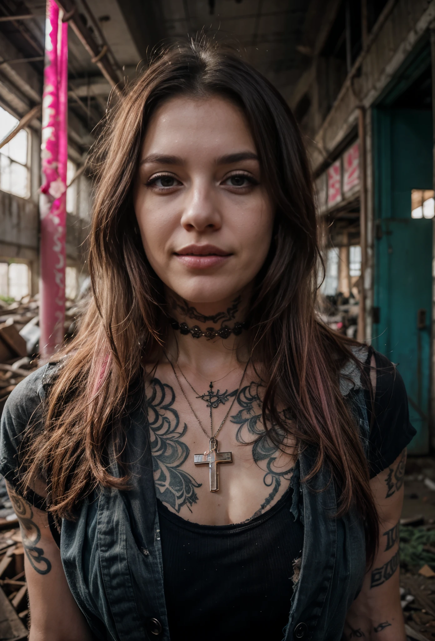 8k,Delicate facial features,ultra-clear,Pink Long Hair,Abandoned factory buildings,tattered torn shirt,blackstockings,Heavy makeup,Smoky makeup,eye shadows,self-shot,looking toward the viewer,ssmile,Tattooed with,cross necklace,the night,