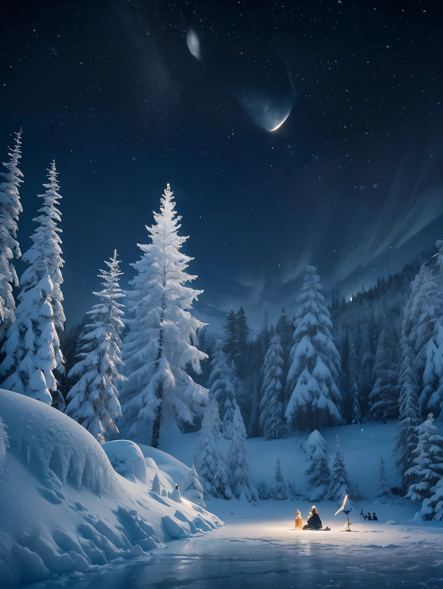 An exquisite arctic landscape painted in various shades of ethereal blue, showcasing the untouched beauty of icy glaciers, and an expansive frozen forest stretching as far as the eye can see. A landscape with feminine curves. Mounds reminiscent of the
the shape of generous breasts. BREAK (near the frozen lake is a snowy village casting warm lights on the snow:1.5). The serene atmosphere is intensified by the soft glow of the moon reflecting off the crystalline ice, creating a captivating tableau of pure tranquility and awe-inspiring natural wonders. Northern lights. National geographic style. Masterpiece. UHD.