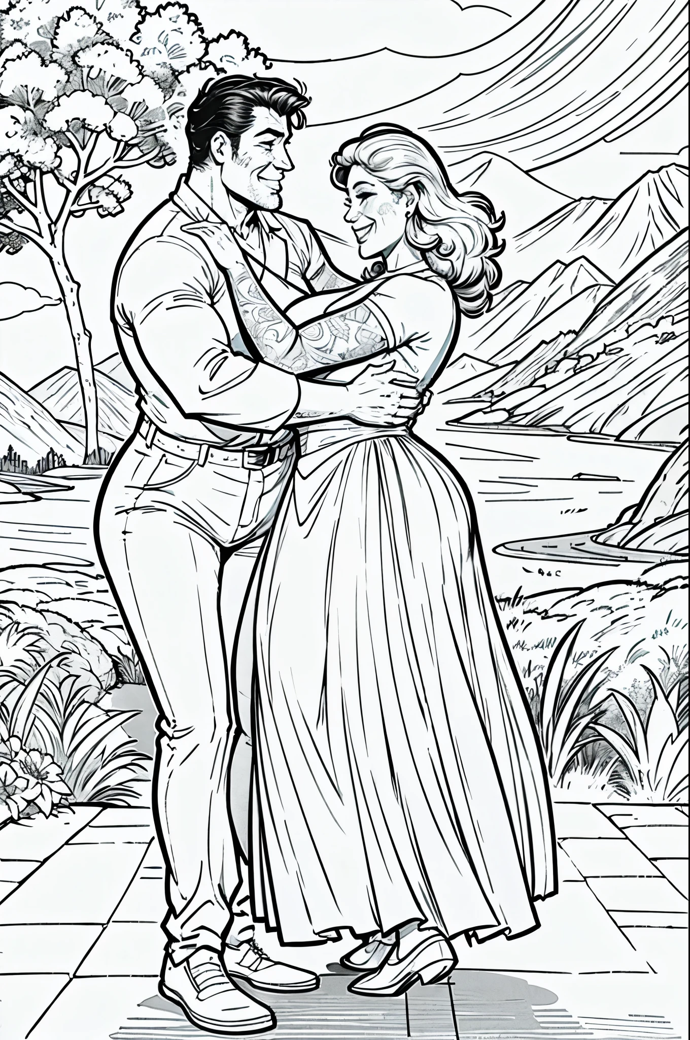 esboço a couple, 1man, 1 woman plus size, dancing together, smile, laugh, romantic atmosphere, landscape, line art digital