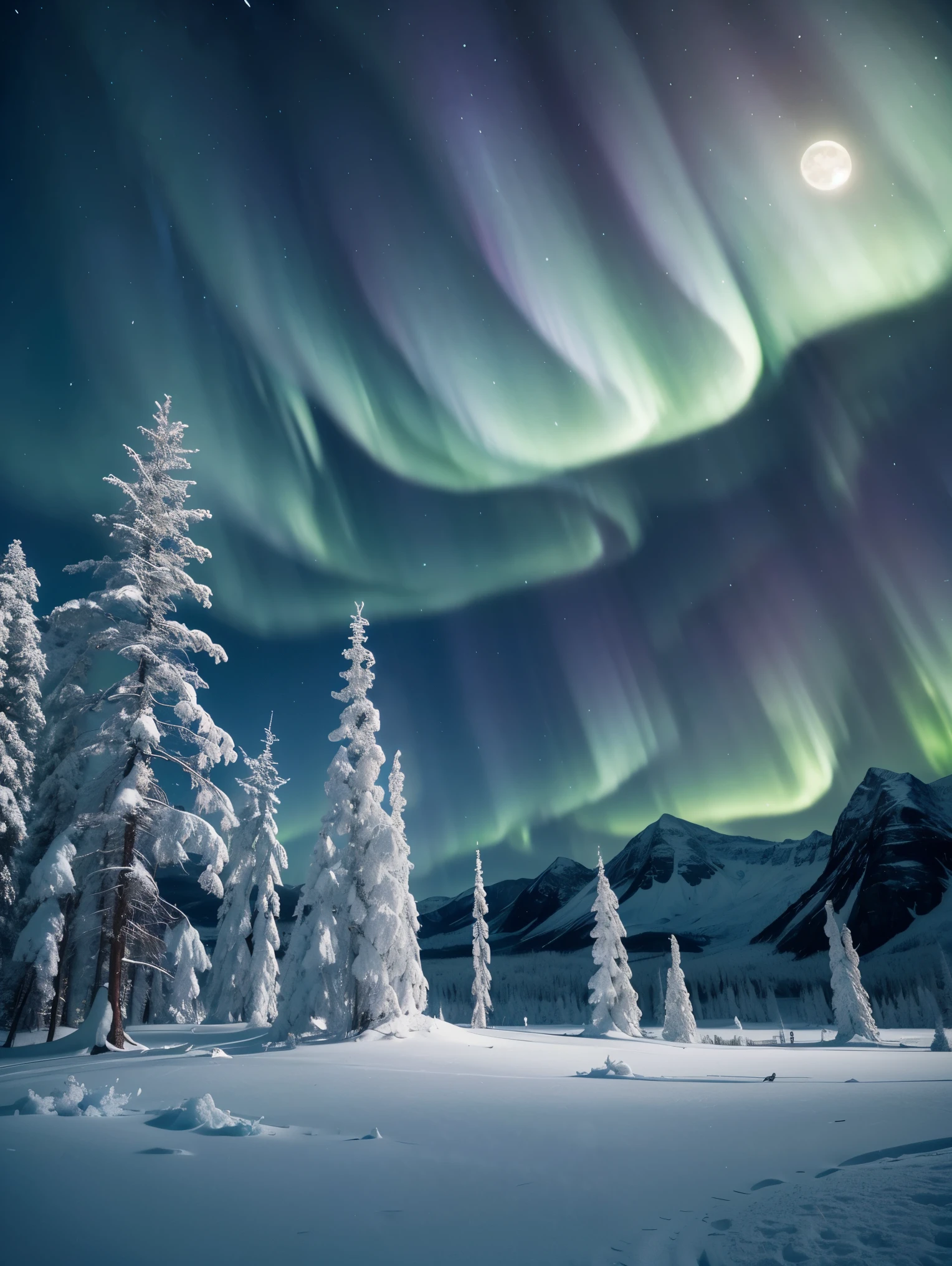 An exquisite arctic landscape painted in various shades of ethereal blue, showcasing the untouched beauty of icy glaciers, and an expansive frozen forest stretching as far as the eye can see. A landscape with feminine curves. Mounds reminiscent of the 
the shape of generous breasts.  (just before the forest, in this magnificent landscape is hiding a scientists low profile ultra secret base:1.5). BREAK  The serene atmosphere is intensified by the soft glow of the moon reflecting off the crystalline ice, creating a captivating tableau of pure tranquility and awe-inspiring natural wonders. Northern lights. National geographic style. Masterpiece. UHD.