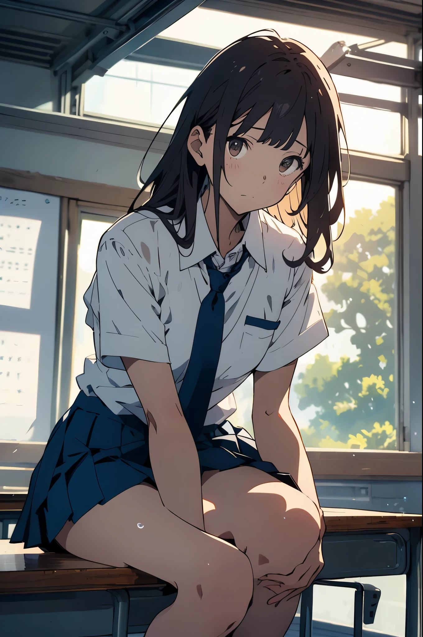 (masterpiece,Best Quality,Detailed beautiful face and eyes:1.3,Perfect Anatomy,beautiful illustrations:1.2,best anime:1.2),cowboy shot,(1woman,solo),sweaty、sweat,(nsfw),25 year old beauty、brown hair、long hair ,blunt bangs,brown eyes,crying,embarrassing depiction、perfect proportion,slender body,skinny,medium breasts,gleaming skin,oliy skin,shiny skin,sitting,spread legs,up legs,Stuffy crotch、camel toe,Cute white panties made of cotton fabric、Wet and see-through clothing、School uniform、collared shirt、white shirt、short sleeve、navy blue tie、Lifted skirt、Dark blue skirt、pleated mini skirt,Black High Socks、daytime、sunlight、classroom、school building、Schools in Japan、