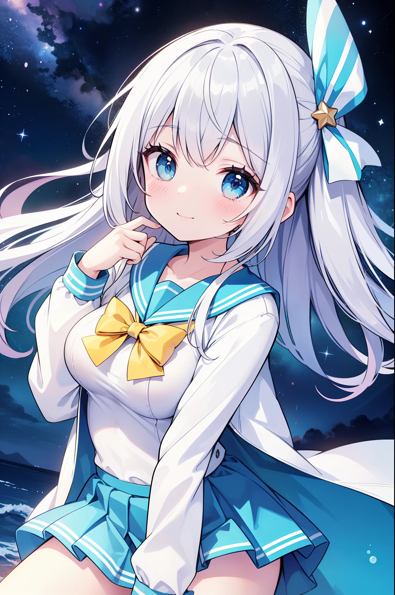 (masterpiece)、(highest quality)、((Super detailed))、(super delicate)、cute、Pastel colors hair、beautiful breasts、Gorgeous、fantastic sea of stars、Gold, silver, and deep blue sailor suit