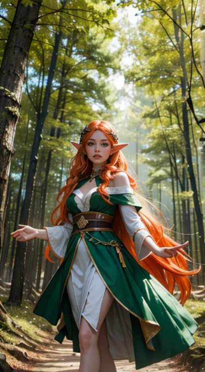 Elve with orange long hair ,with green eyes, shining beauté,walking inside forest 4k,8k, wearing warrior clothes empire , extra HD