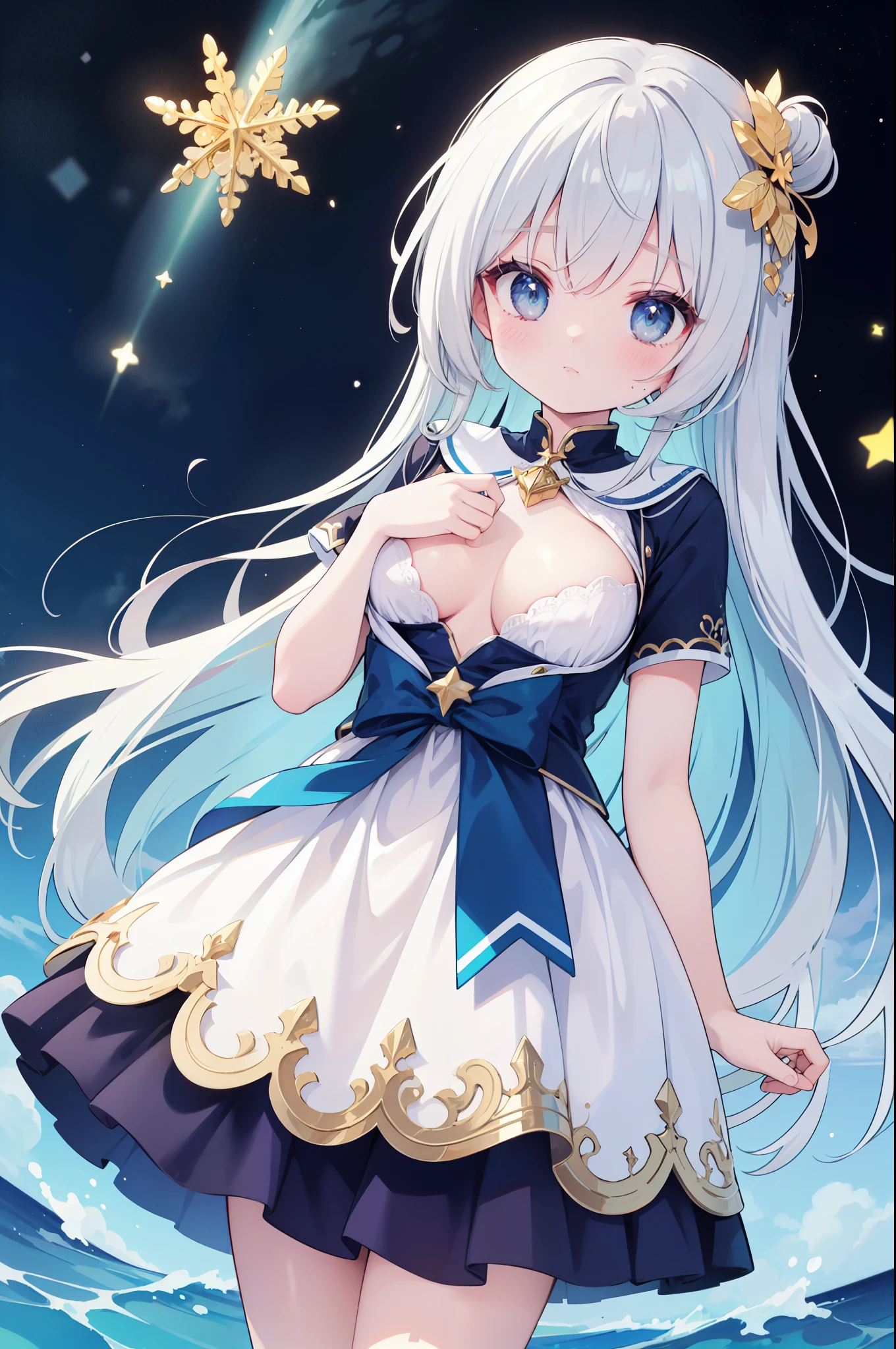 （masterpiece）、(highest quality)、((Super detailed))、(super delicate)、cute、Pastel colors hair、beautiful breasts、Gorgeous、fantastic sea of stars、Gold, silver, and deep blue sailor suit