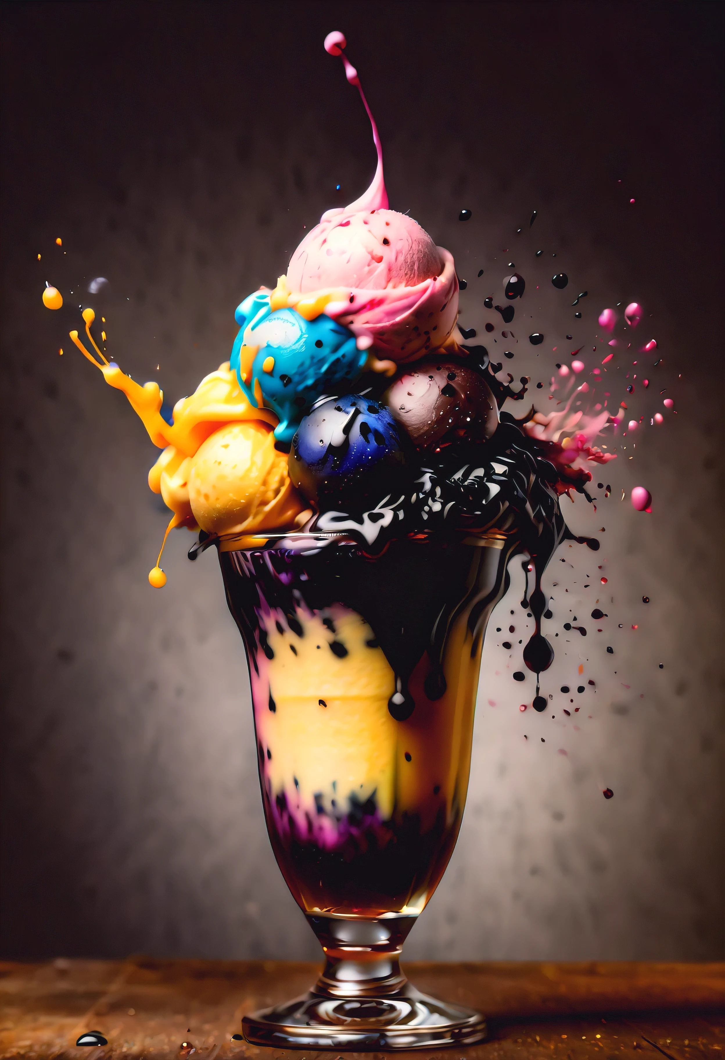 ((Masterpiece in maximum 16K resolution):1.6),((soft_color_photograpy:)1.5), ((ink_splatter_styles):1.4),((Movie-like still images and dynamic angles):1.3),| Macro shot, cinematic photo of a napolitano ice cream in a glass, ink_splatter_style, dark shot, film grain, extremely detailed, All captured with sharp focus.
