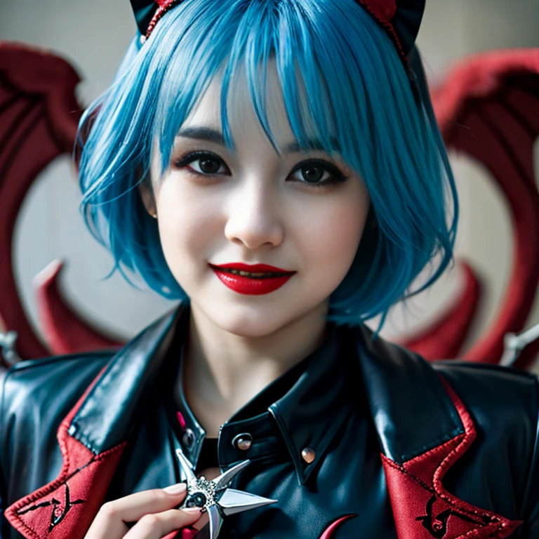 (((remilia scarlet))), (bat wings), (vampire), short hair, (((blue hair))), ((standing)), ((((face close up)))), ((jacket, taut shirt)), evil smile,, nsfw