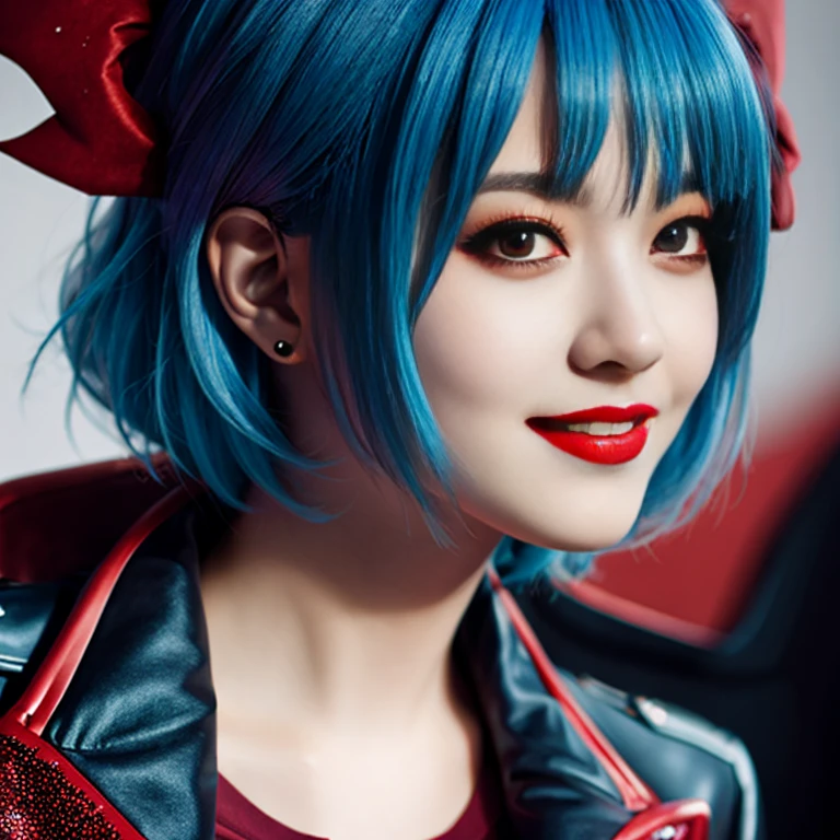 (((remilia scarlet))), (bat wings), (vampire), short hair, (((blue hair))), ((standing)), ((((face close up)))), ((jacket, taut shirt)), evil smile,, nsfw