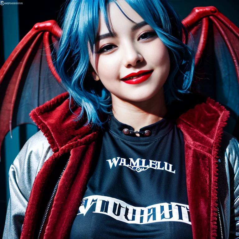 (((remilia scarlet))), (bat wings), (vampire), short hair, (((blue hair))), ((standing)), ((((face close up)))), ((jacket, taut shirt)), evil smile,, nsfw