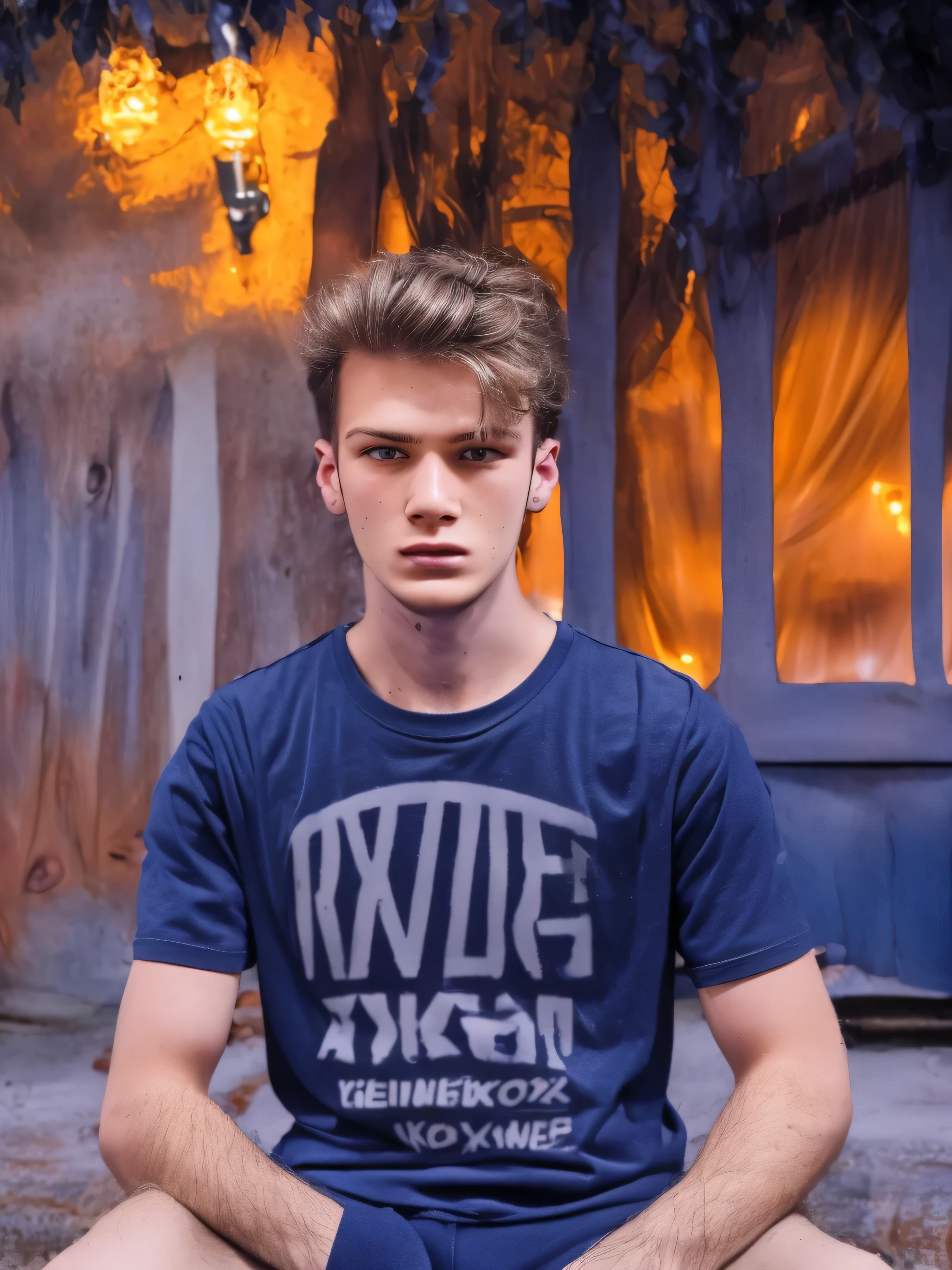Photo model young man Anthony 21 Years of Age with black t-shirt, sitting, fashion, soft lighting, vibrant colours, masterpiece, ((streets)), night, detailed face