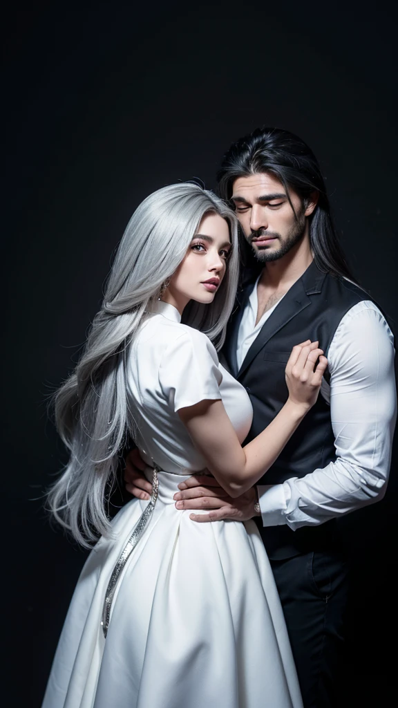 Um casal, duas pessoas, homem e mulher, is hugging, a mulher tem cabelo castanho longo, She is wearing a white dress and is hugging her man, man who is taller and is dressed in dark, black clothing, wear a silver cord, the man&#39;s hair is black Mullet 