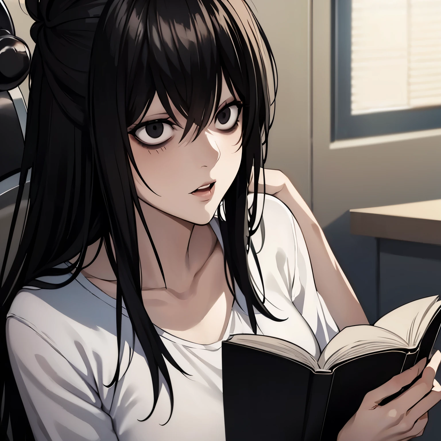 8k, mouthpiece, ((one beautiful woman)),((Death Note drawing)), L female body solo, ((one beautiful woman)), ((black eyes)), long hair, black hair, white t-shirt shirt reading a book