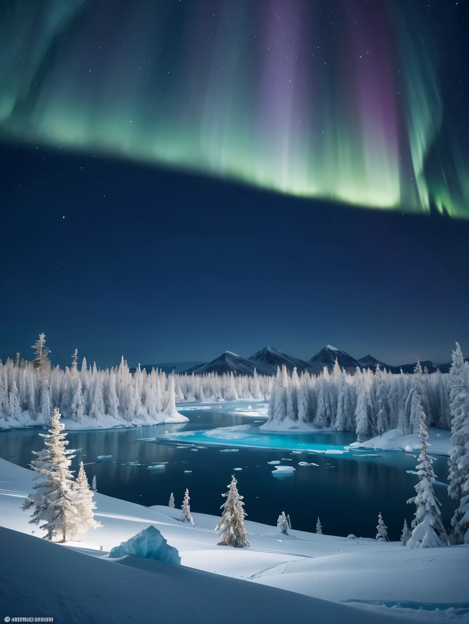 A ultra secret low profile scientists base hidden in a  exquisite arctic landscape painted in various shades of ethereal blue, showcasing the untouched beauty of icy glaciers, and an expansive frozen forest stretching as far as the eye can see. THe base is casting light and laser rays. A landscape with feminine curves. Mounds reminiscent of the 
the shape of generous breasts.  The serene atmosphere is intensified by the soft glow of the moon reflecting off the crystalline ice, creating a captivating tableau of pure tranquility and awe-inspiring natural wonders. Northern lights. National geographic style. Masterpiece. UHD.